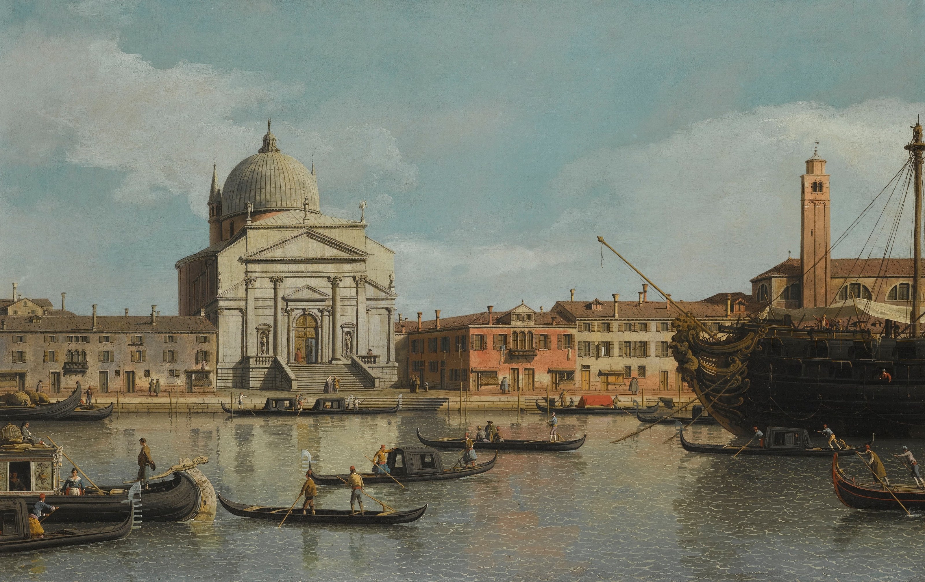 《救世主教堂、圣贾科莫教堂及停泊军舰的威尼斯景观》（Venice a View of the Churches of the Redentore and San Giacomo with a Moored Man of War Gondolas and Barges）｜卡纳莱托 Canaletto｜不明