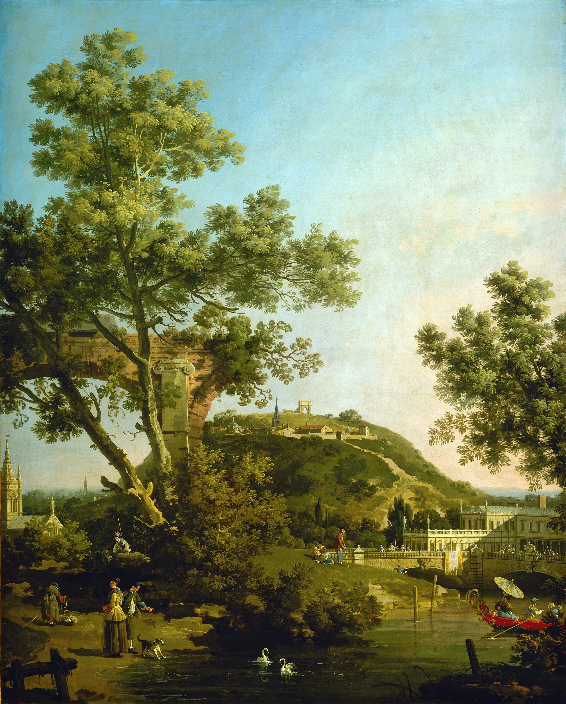 《带有宫殿的英国风景随想曲》（English Landscape Capriccio with a Palace）｜卡纳莱托 Canaletto｜约1754