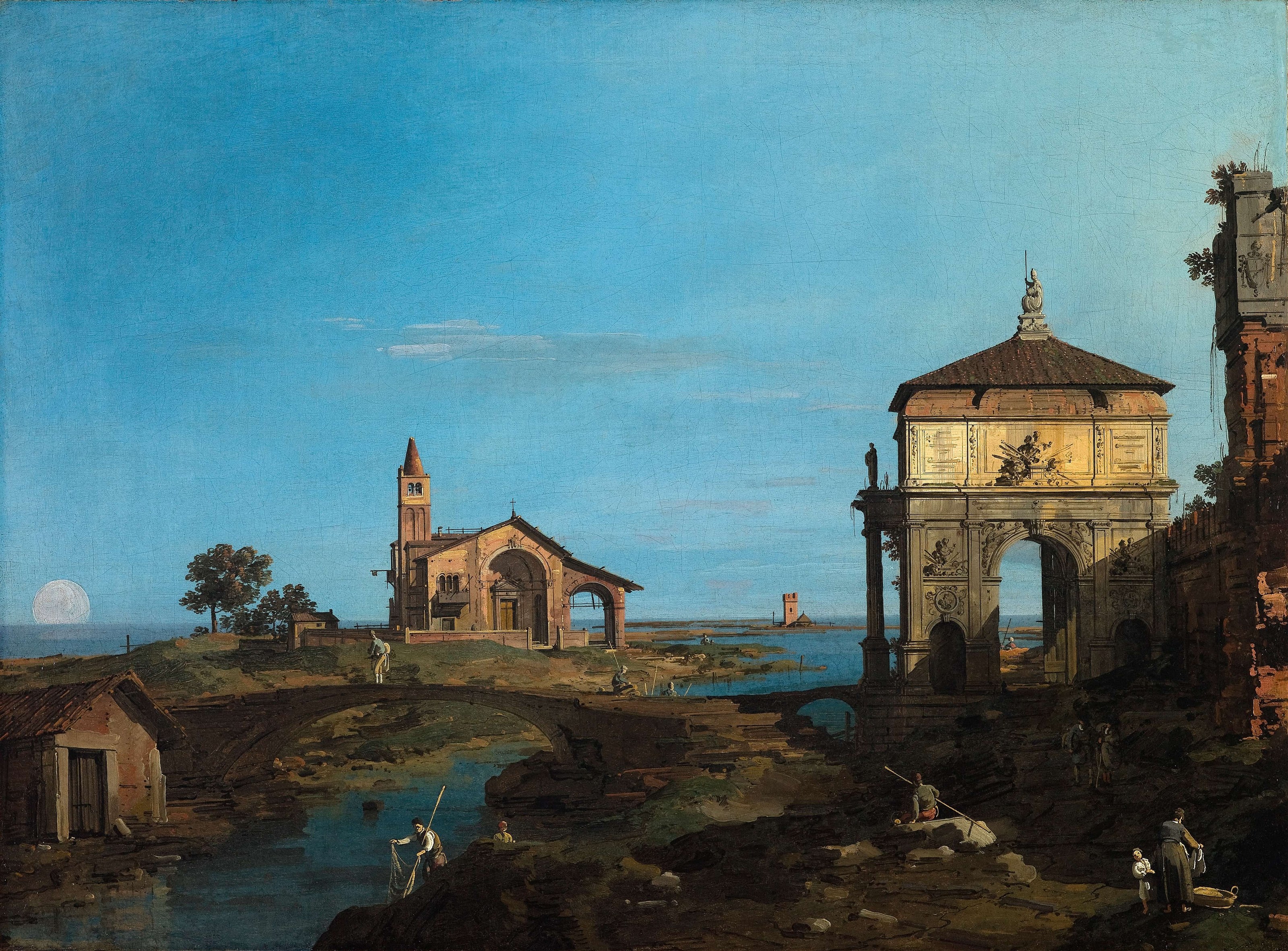 《潟湖中带门楼与教堂的岛屿》（An Island in the Lagoon with a Gateway and a Church）｜卡纳莱托 Canaletto｜1743–1744