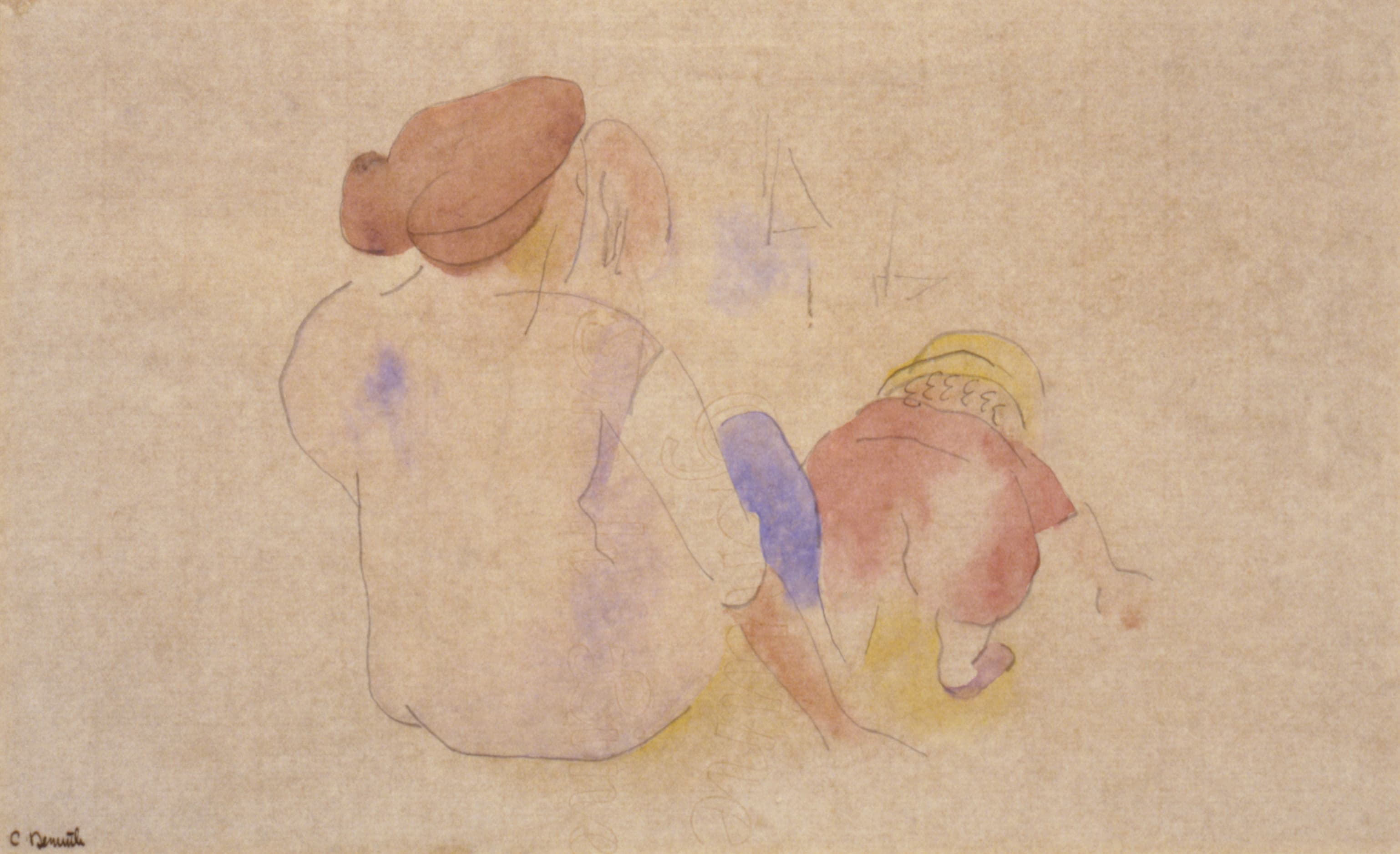 《穿着红色西装带着孩子的女人》（Woman with Child in Red Suit）｜查尔斯·德穆斯 Charles Demuth｜约1916