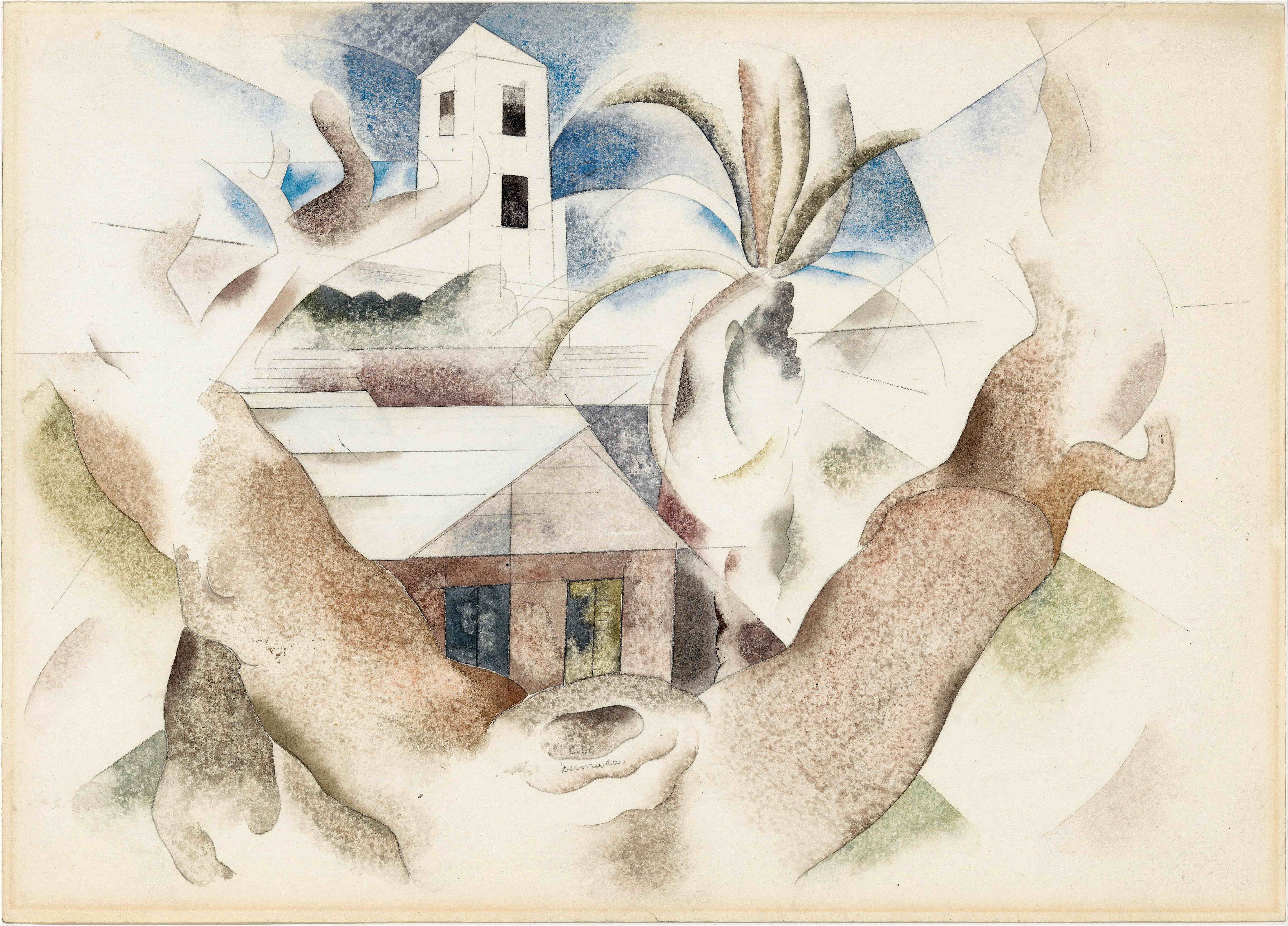 《百慕大第1号：树与房屋》（Bermuda No. 1: Tree and House）｜查尔斯·德穆斯 Charles Demuth｜1917