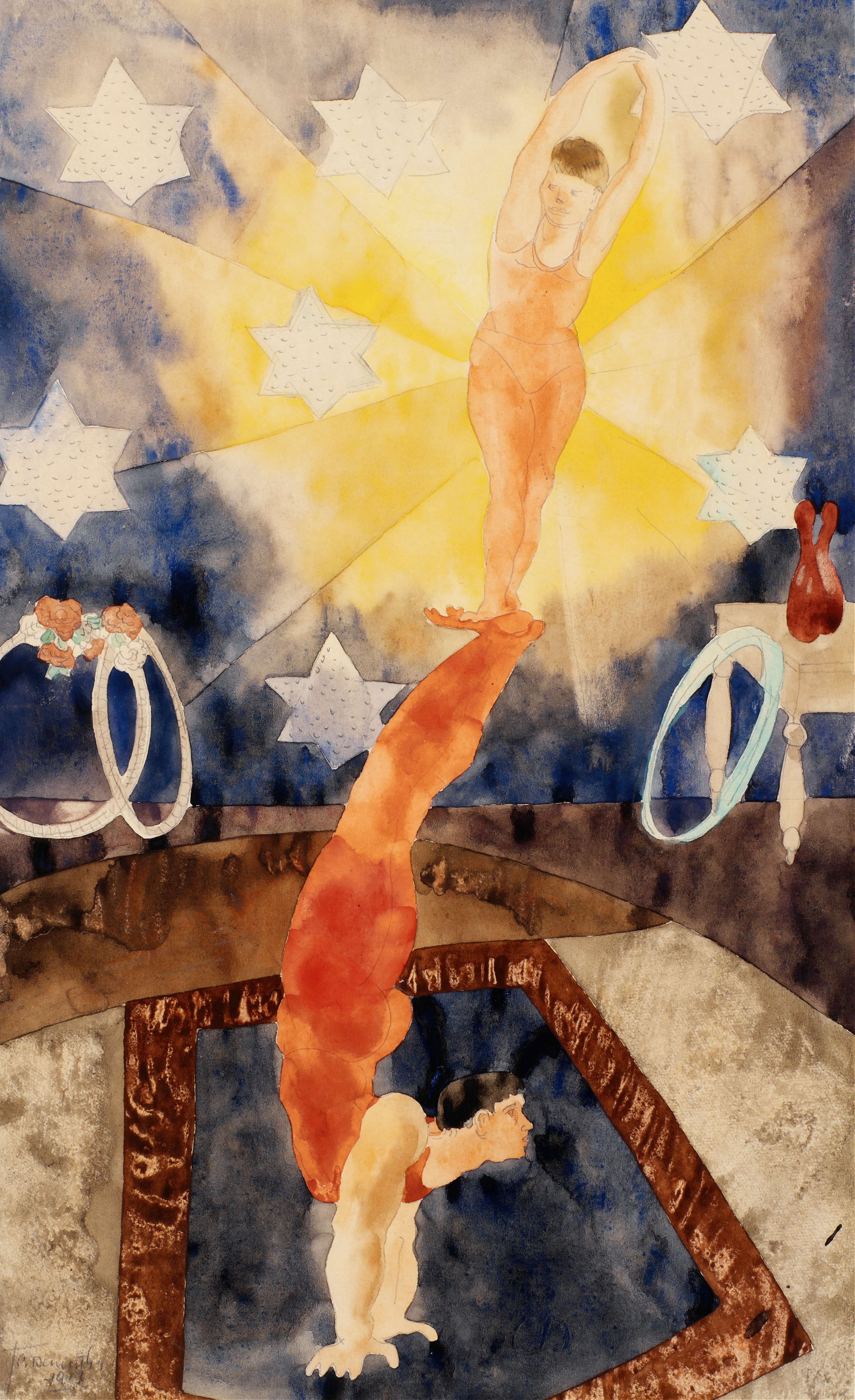 两个穿着红色紧身衣的杂技演员