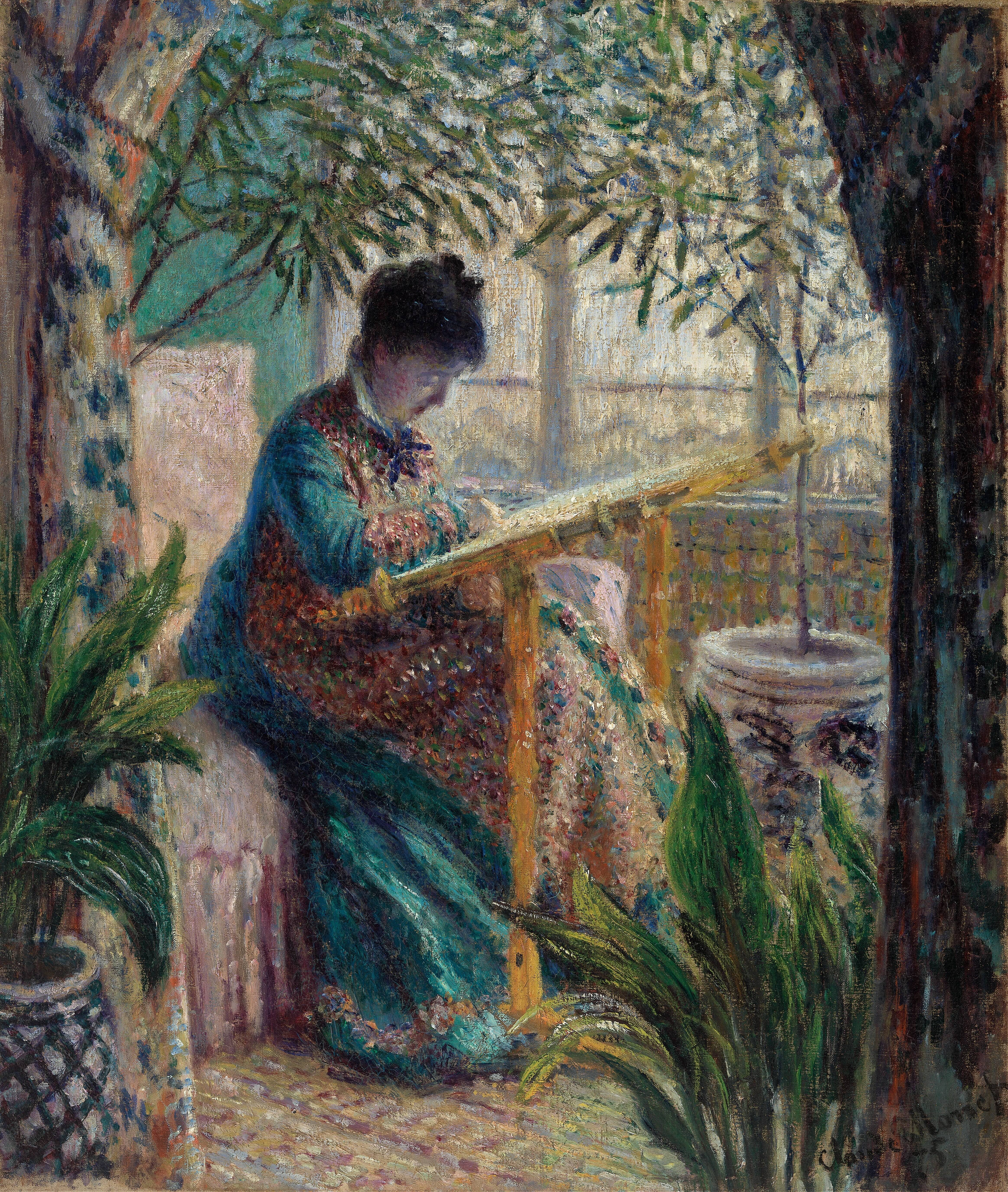《莫奈夫人刺绣（卡米尔在做手工）》（Madame Monet Embroidering (Camille au métier)）｜克劳德·莫奈 Claude Monet｜1875