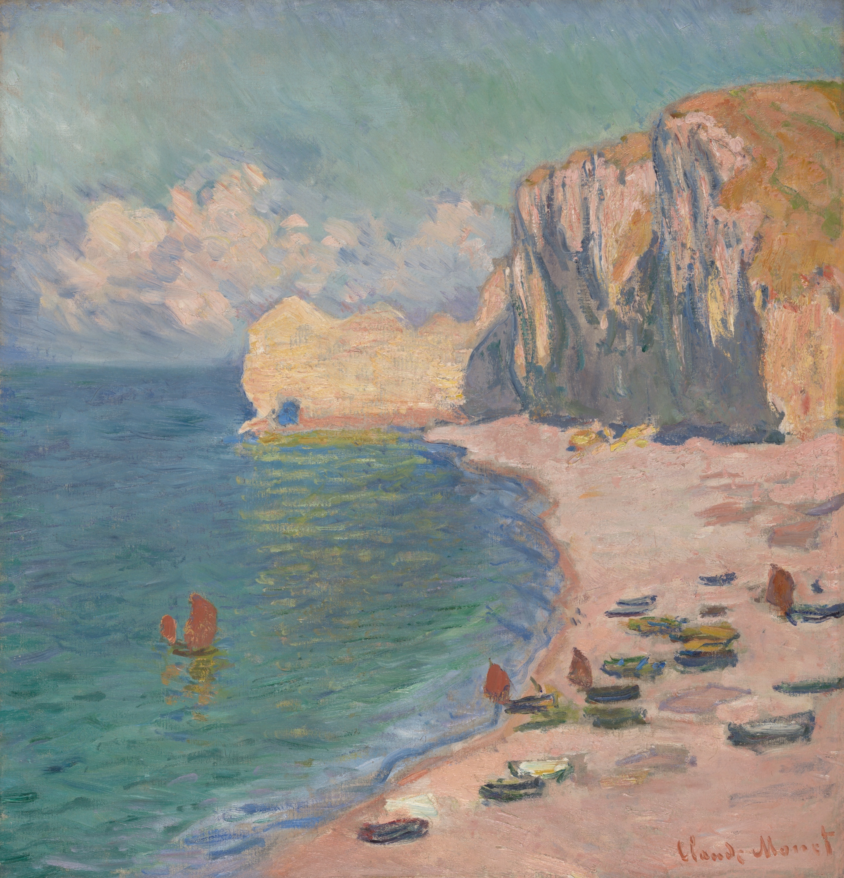 《埃特勒塔：海滩与阿蒙悬崖》（Étretat, The Beach and the Falaise d’Amont）｜克劳德·莫奈 Claude Monet｜1885