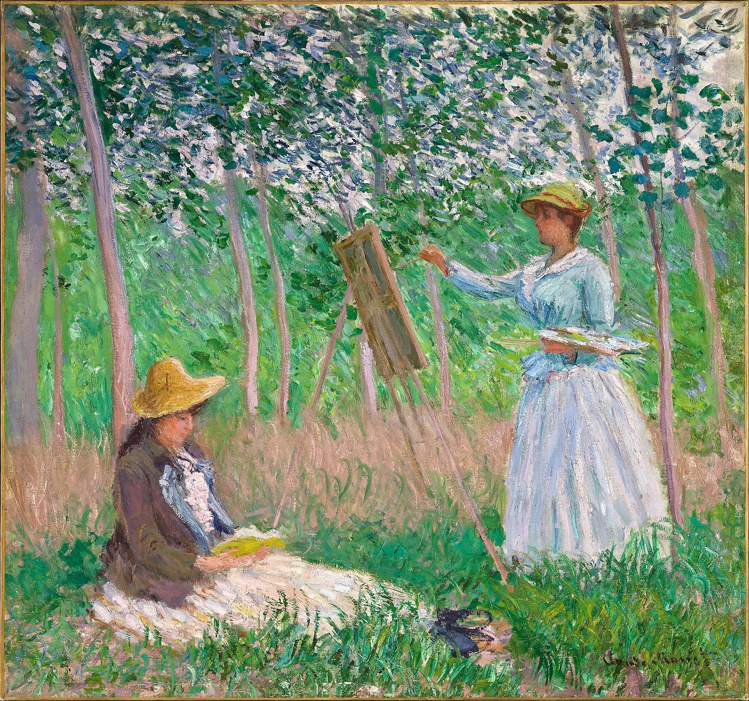 《吉维尼树林中：布兰奇·奥什代在画架前，苏珊娜·奥什代阅读》（In The Woods At Giverny- Blanche Hoschedé At Her Easel With Suzanne Hoschedé Reading）｜克劳德·莫奈 Claude Monet｜不明