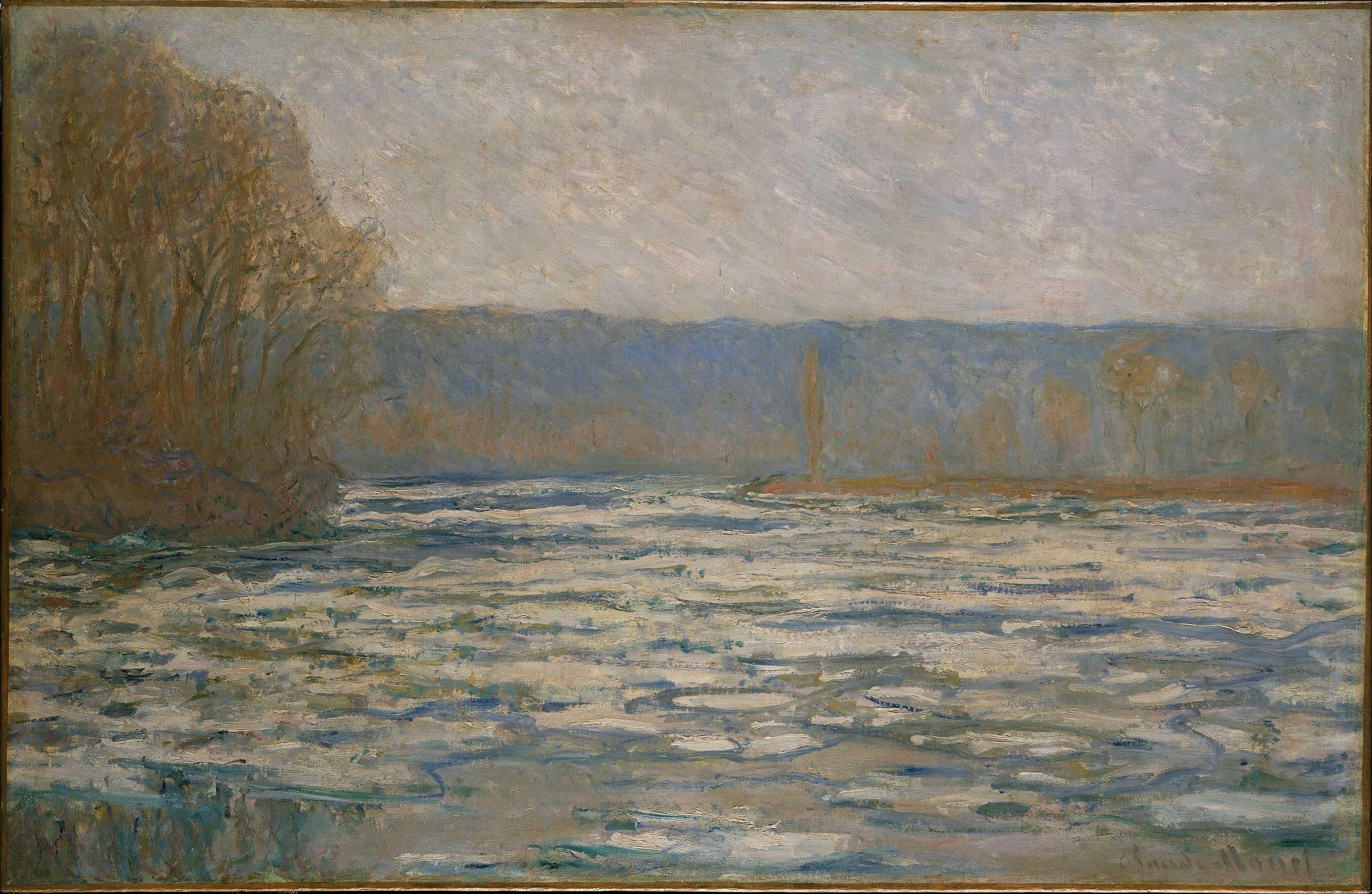 《贝内库尔附近塞纳河上的冰层破裂》（Ice breaking up on the Seine near Bennecourt）｜克劳德·莫奈 Claude Monet｜1893