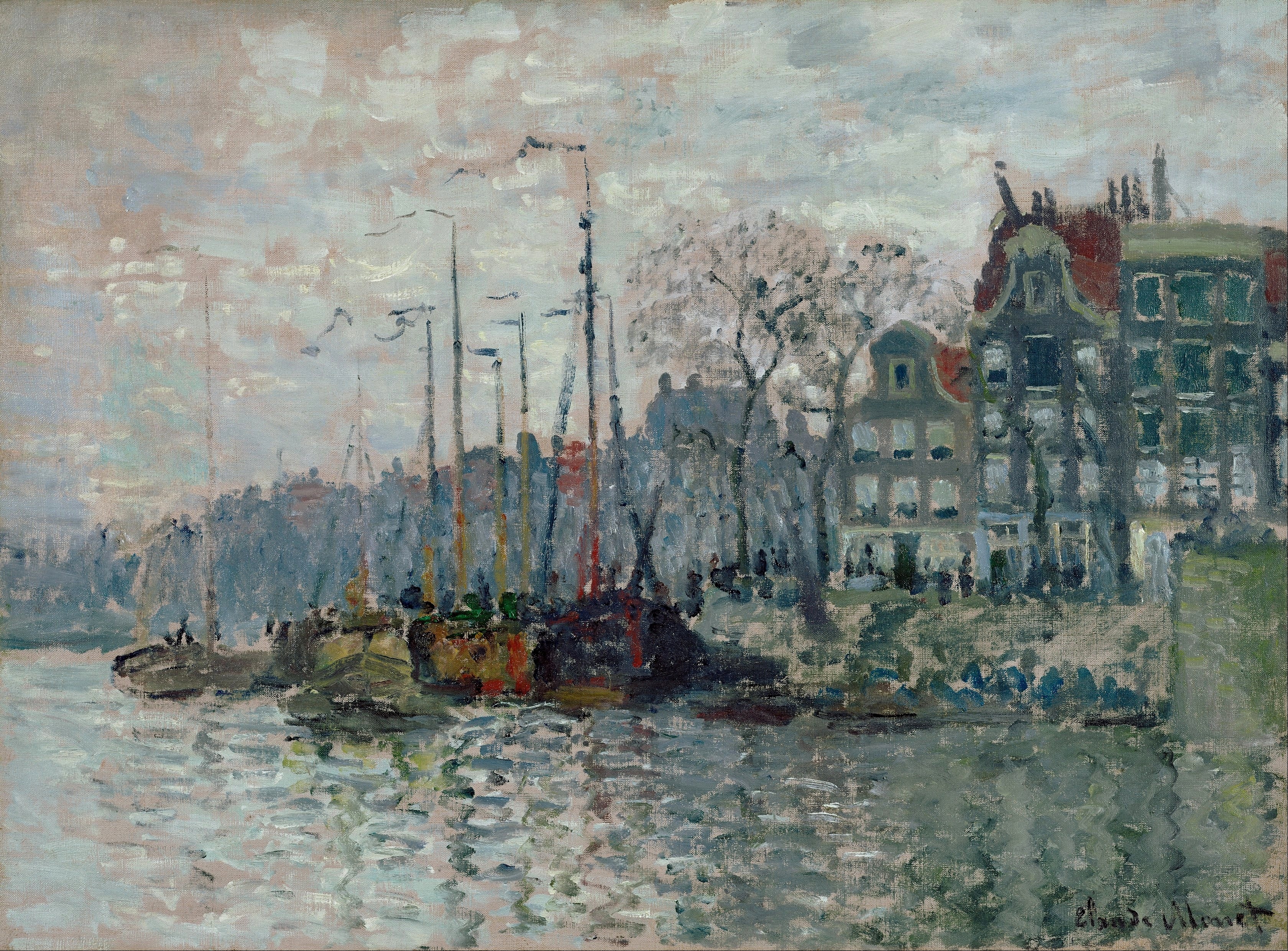 《阿姆斯特丹亨德里克王子码头与克罗默瓦尔河景色》（View of the Prins Hendrikkade and the Kromme Waal in Amsterdam）｜克劳德·莫奈 Claude Monet｜1874