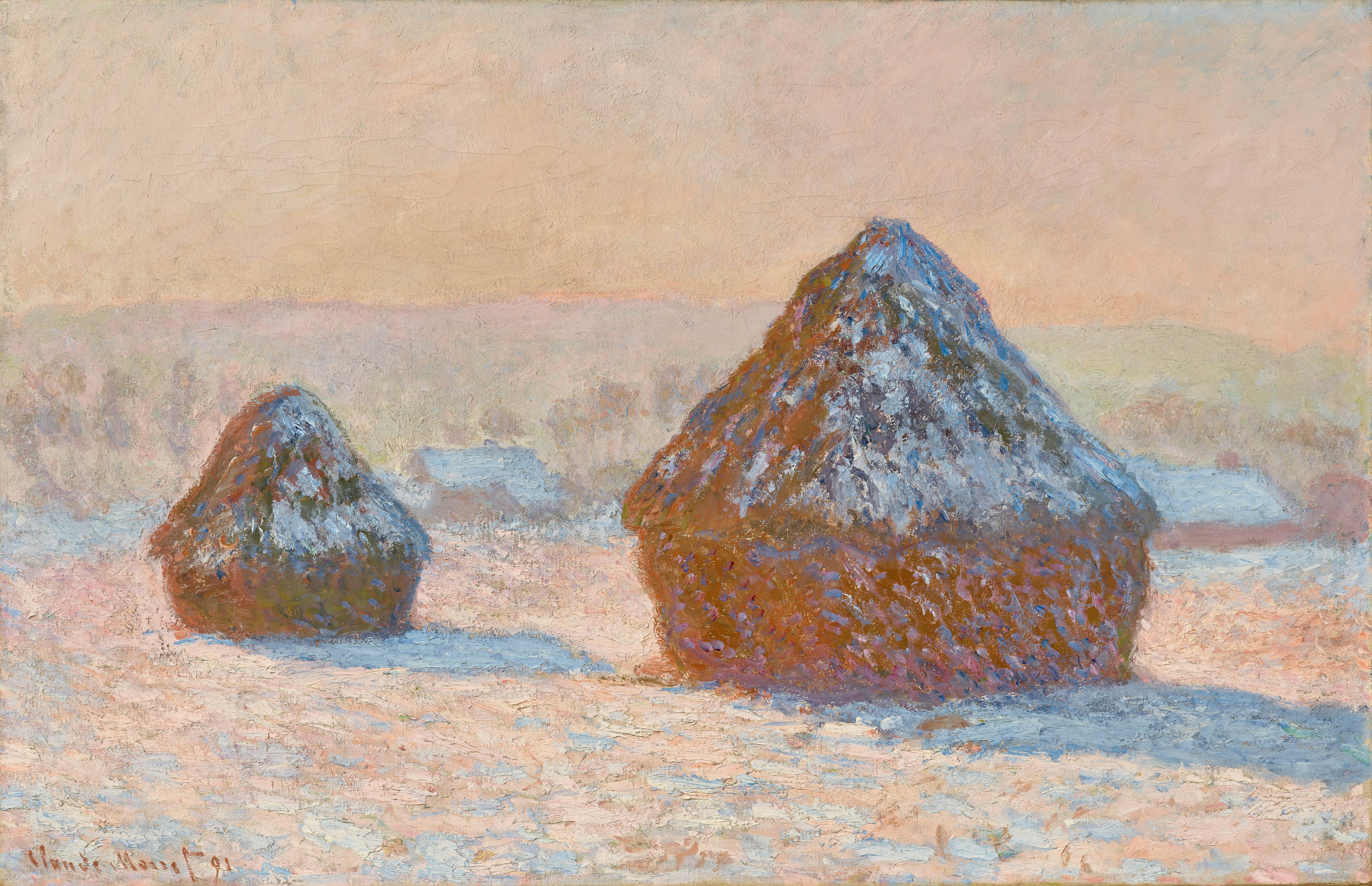 《麦堆，雪效果，早晨》（Wheatstacks, Snow Effect, Morning）｜克劳德·莫奈 Claude Monet｜1891