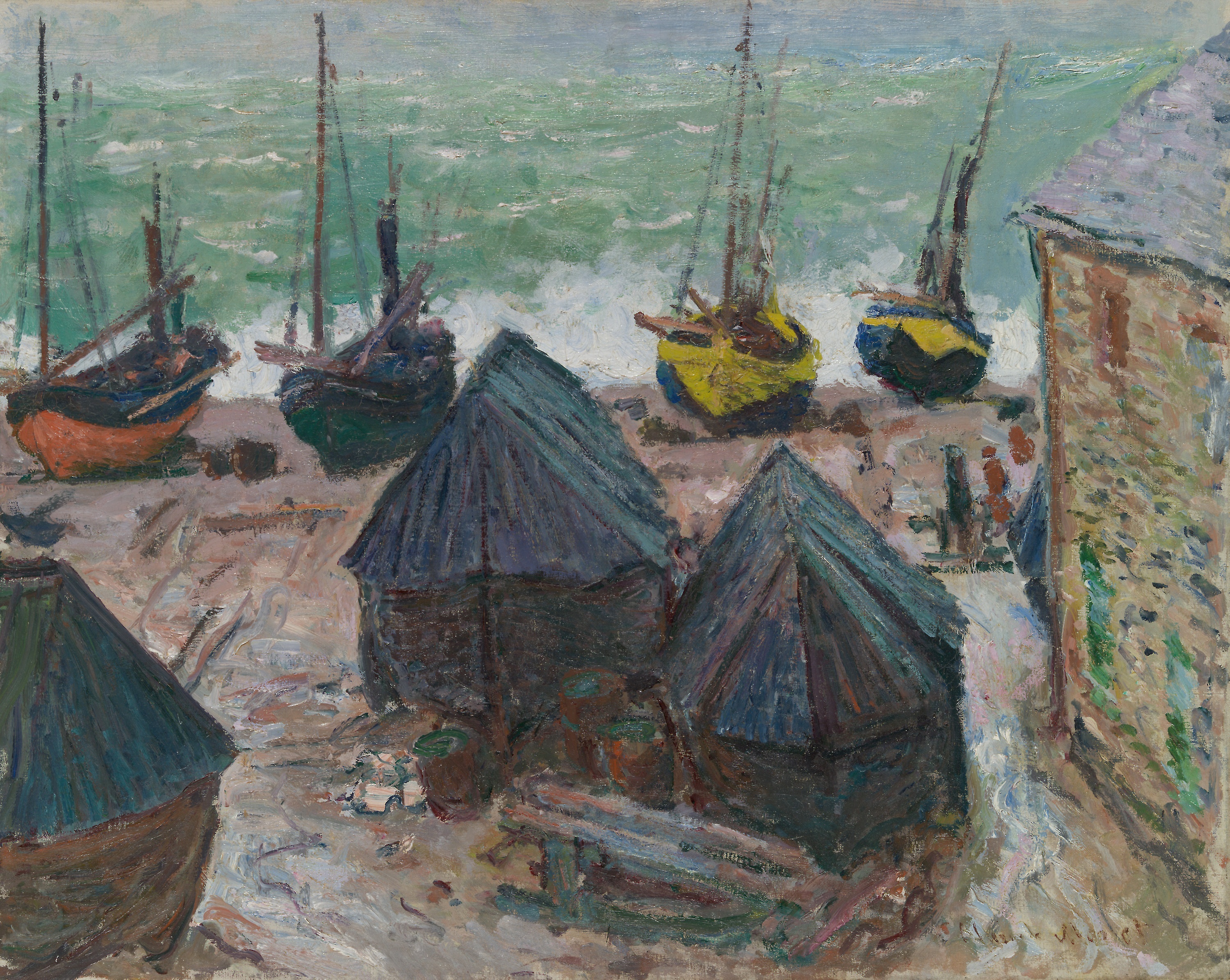 《埃特勒塔海滩上的船只》（Boats on the Beach at Étretat）｜克劳德·莫奈 Claude Monet｜1885
