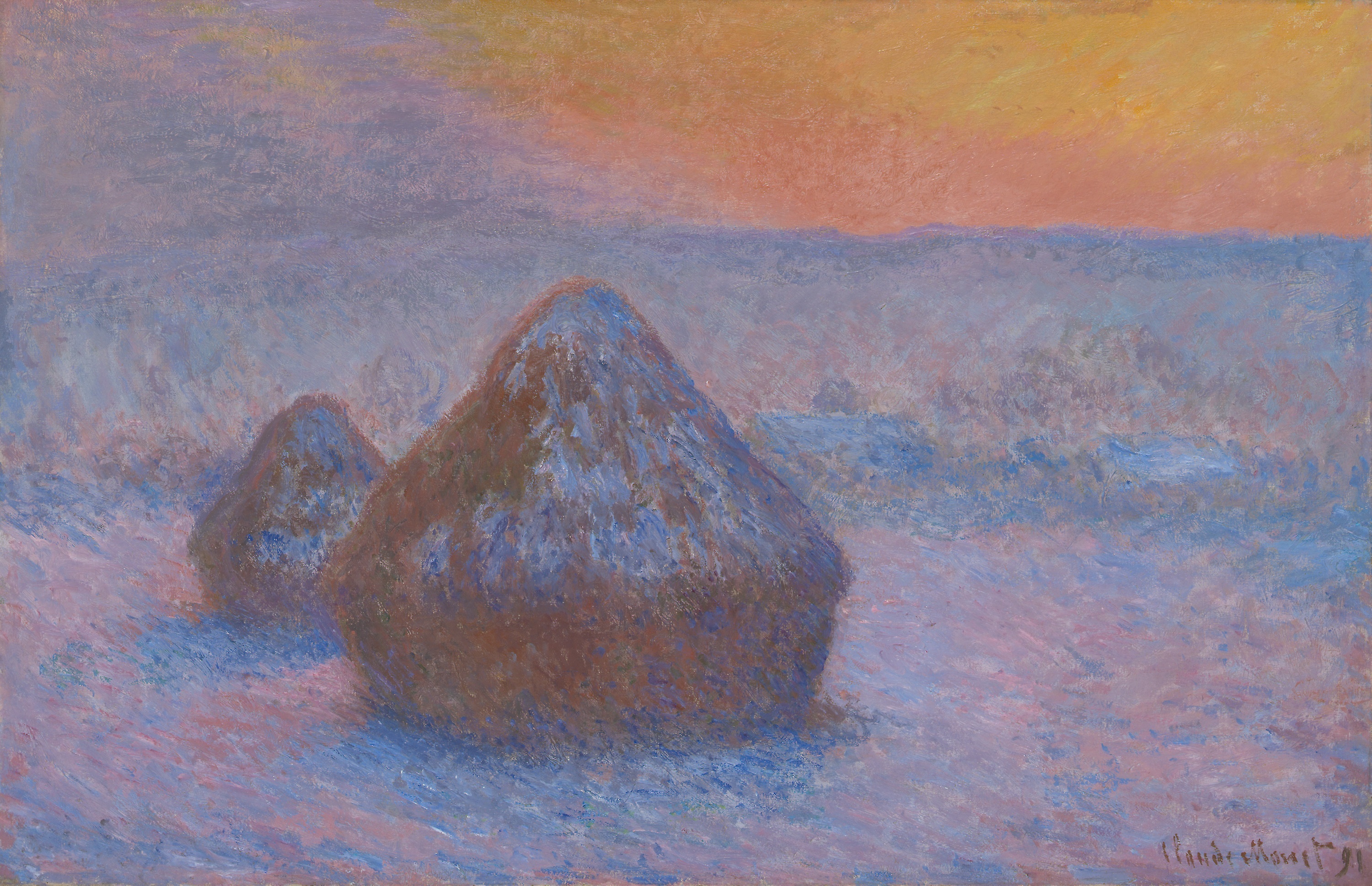 《成堆的小麦（日落、雪花效果）》（Stacks of Wheat (Sunset, Snow Effect)）｜克劳德·莫奈 Claude Monet｜1890–91