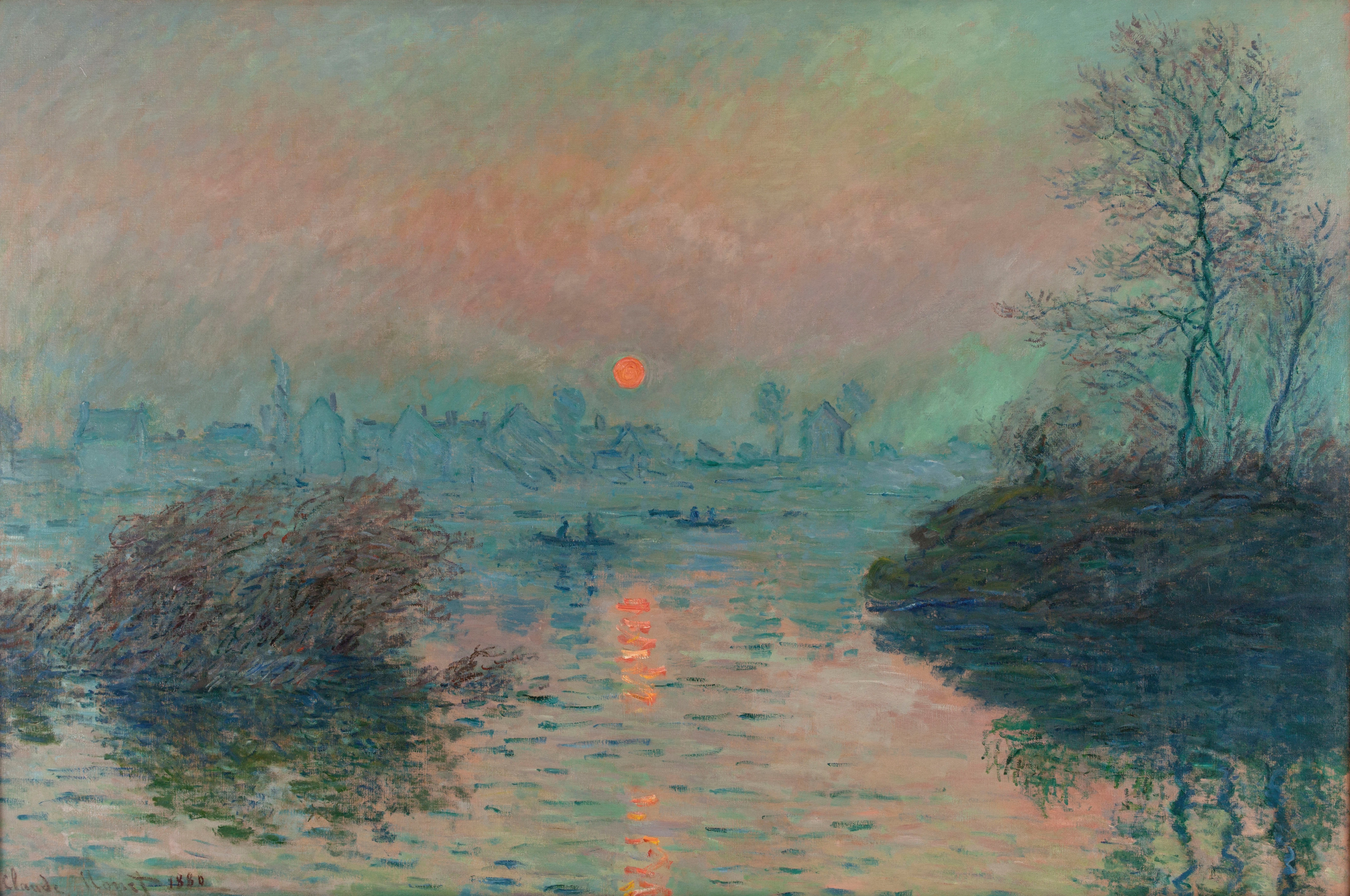 《拉瓦库尔塞纳河上的太阳落山，冬季效果》（Soleil couchant sur la Seine à Lavacourt, effet d’hiver）｜克劳德·莫奈 Claude Monet｜1880