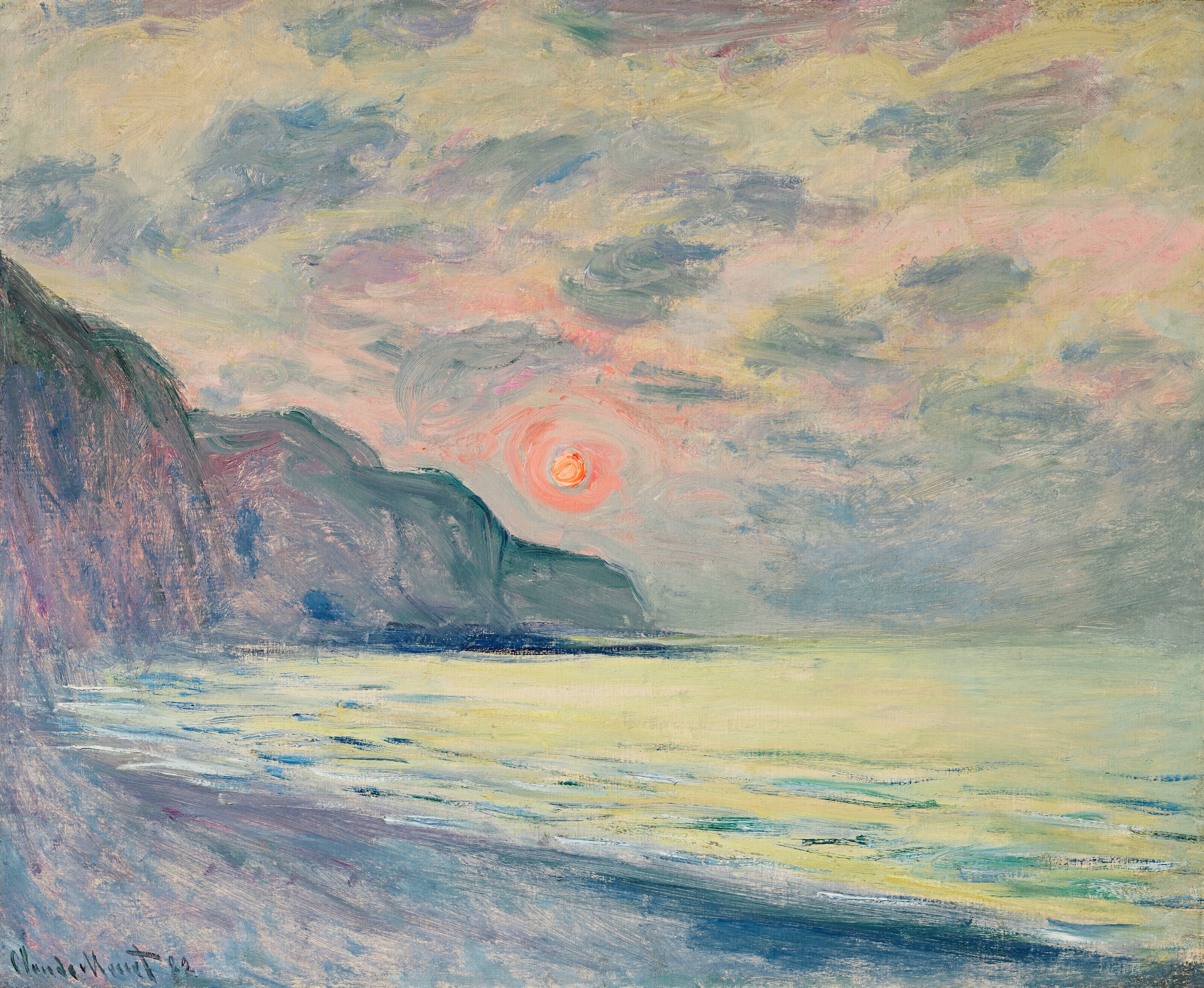 《夕阳，有雾的天气，普维尔》（Soleil couchant, temps brumeux, Pourville）｜克劳德·莫奈 Claude Monet｜1882