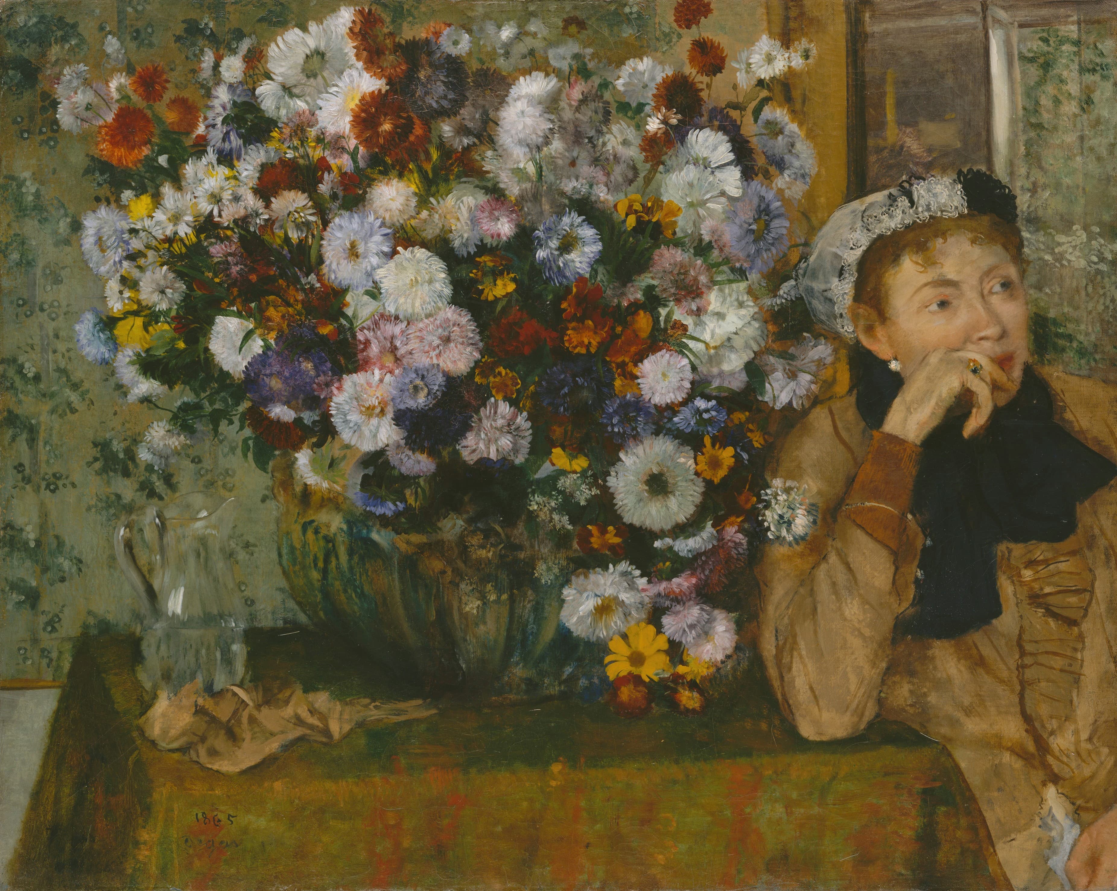 《坐在花瓶旁边的女人》（A Woman Seated beside a Vase of Flowers）｜埃德加·德加 Edgar Degas｜1865