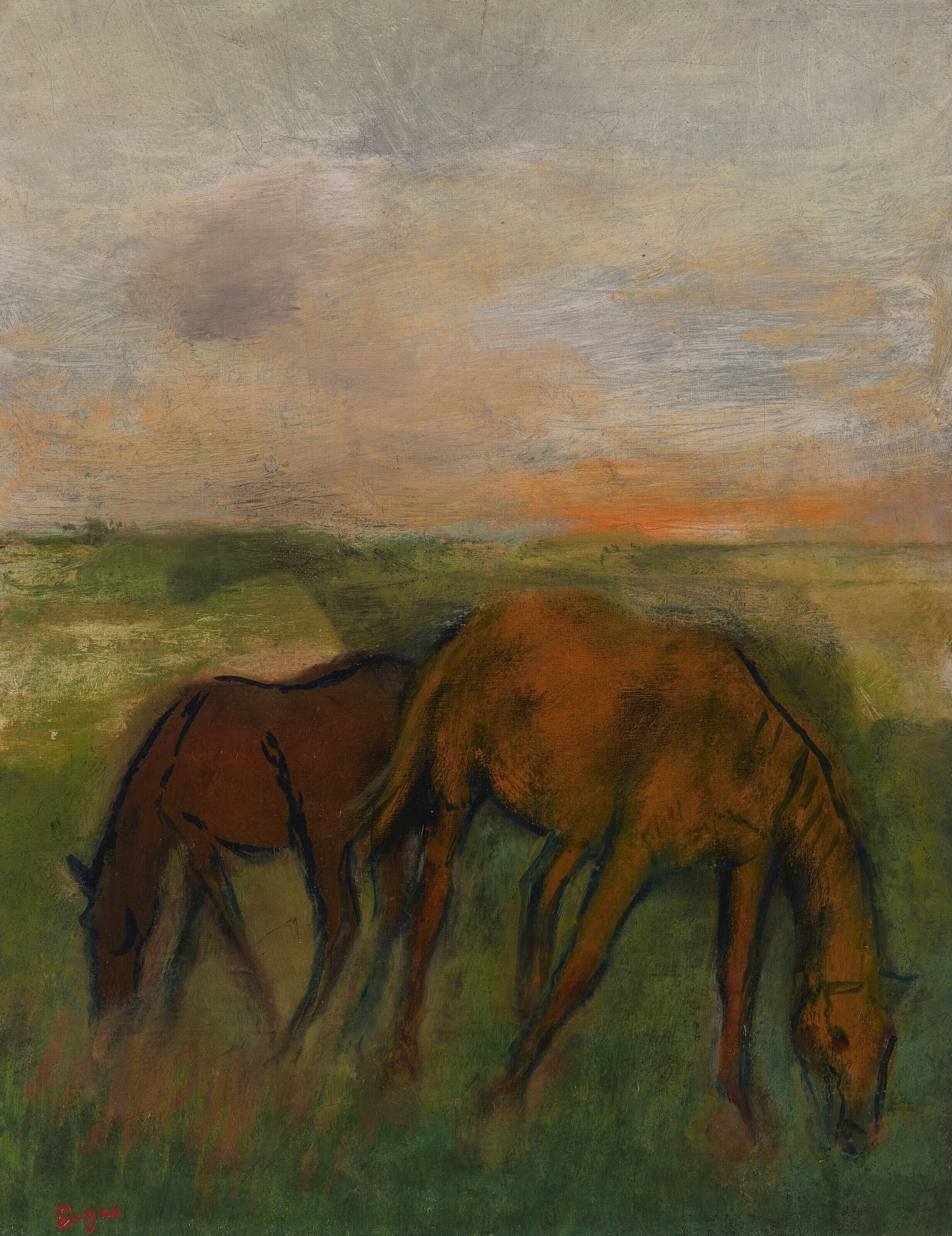 《两匹正在吃草的马》（Two horses grazing）｜埃德加·德加 Edgar Degas｜约 1871