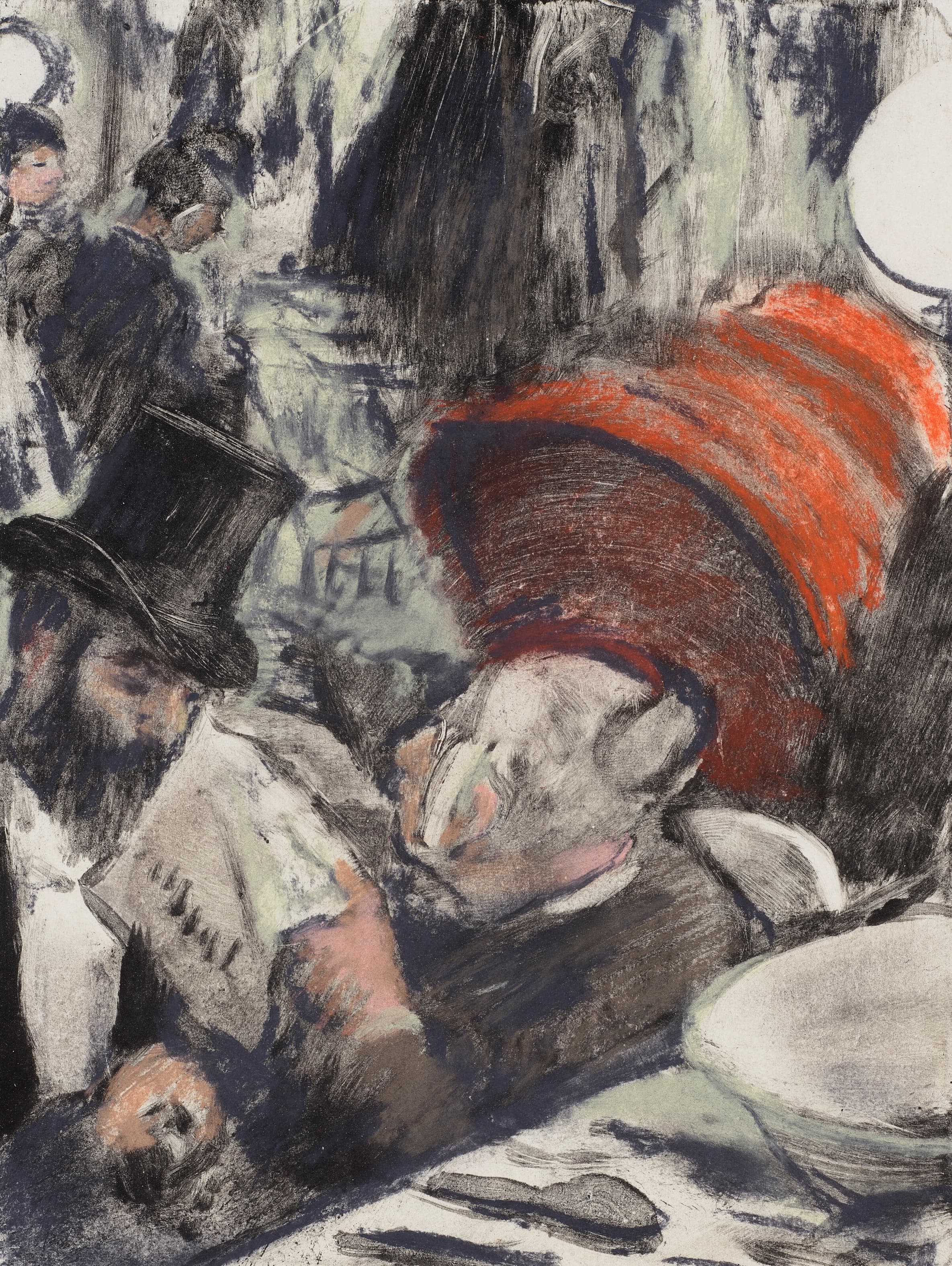 《卢多维奇·哈莱维 (Ludovic Halévy) 在更衣室里找到了红衣主教夫人》（Ludovic Halévy finds Madame Cardinal in the dressing rooms）｜埃德加·德加 Edgar Degas｜1880–1883