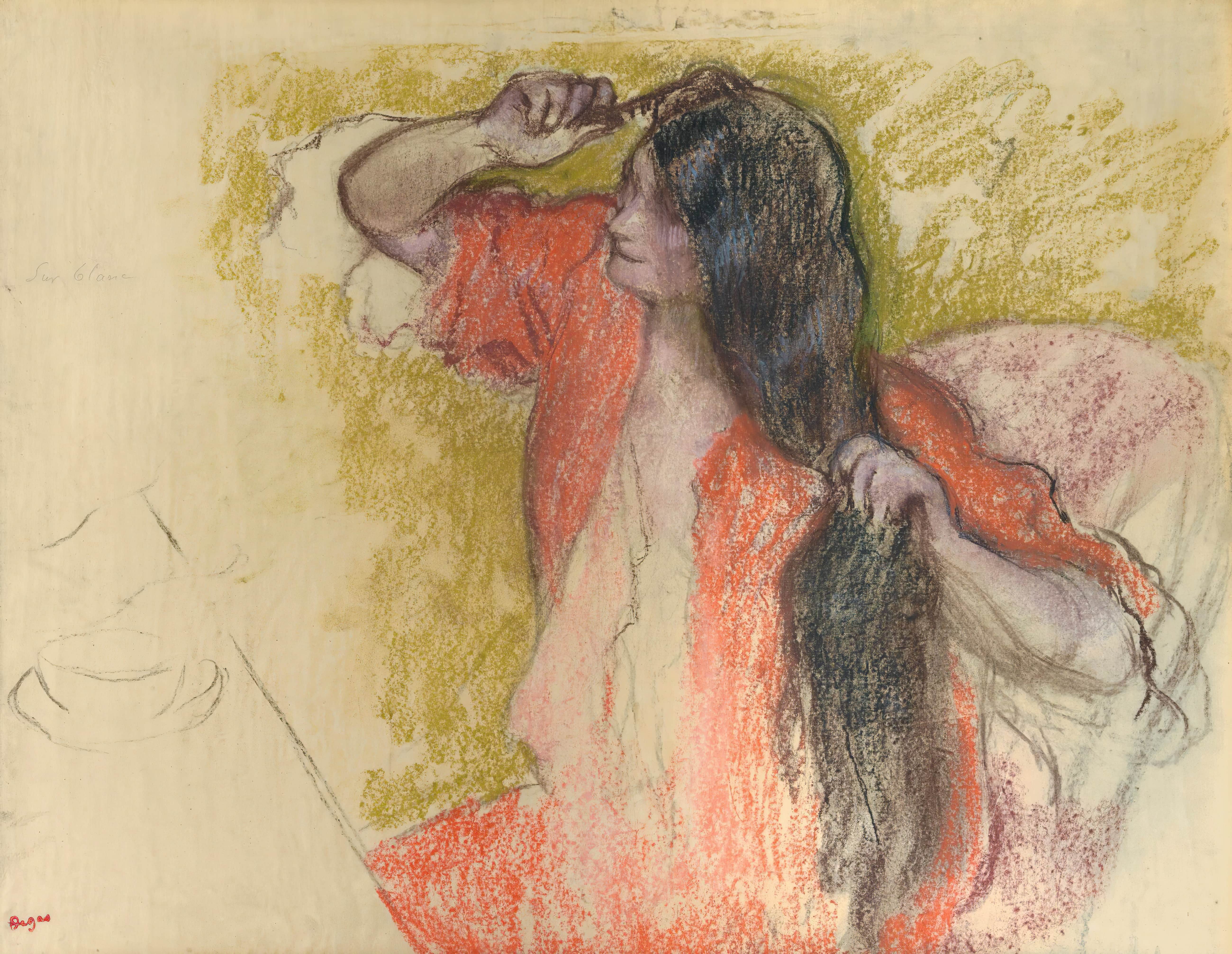 《穿着红色浴袍做头发的女人》（Woman in Red Bathrobe Doing Her Hair）｜埃德加·德加 Edgar Degas｜不明