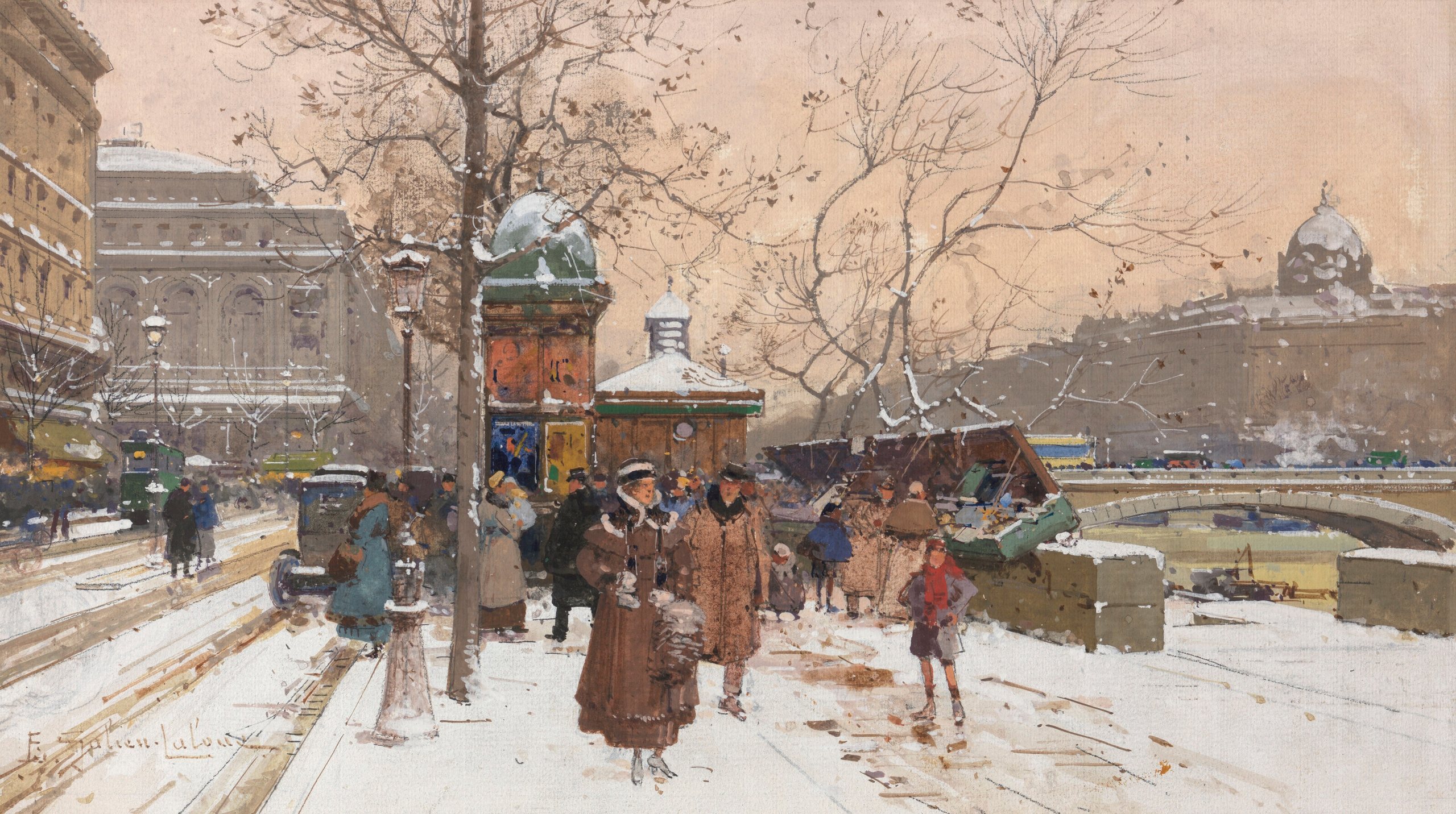 《雪下的 Quai de la Mégisserie》（Quai de la Mégisserie under the snow）｜欧仁·加利安-拉卢 Eugène Galien-Laloue｜不明
