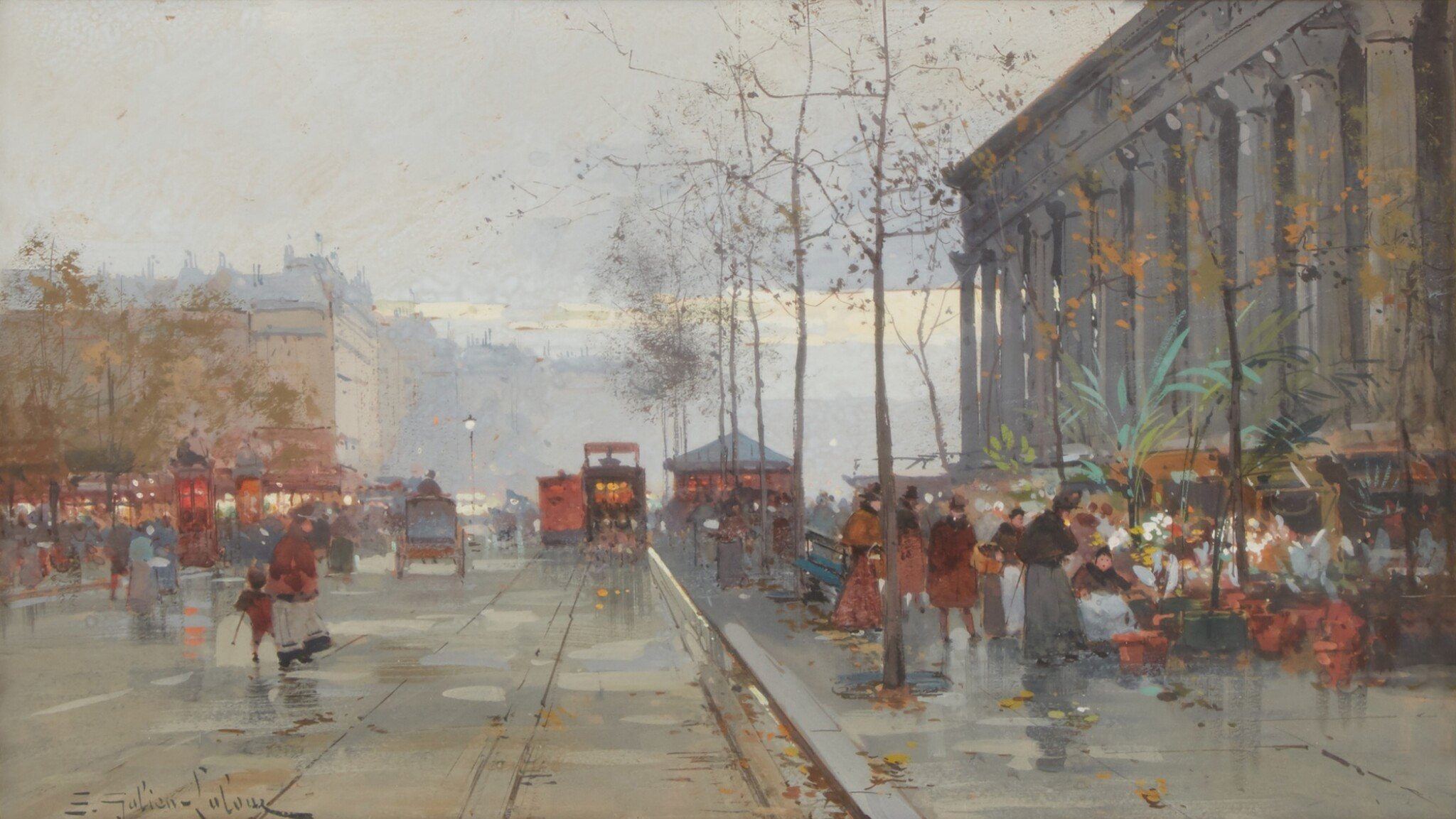《马德琳花卉市场》（The Madeleine Flower Market）｜欧仁·加利安-拉卢 Eugène Galien-Laloue｜不明
