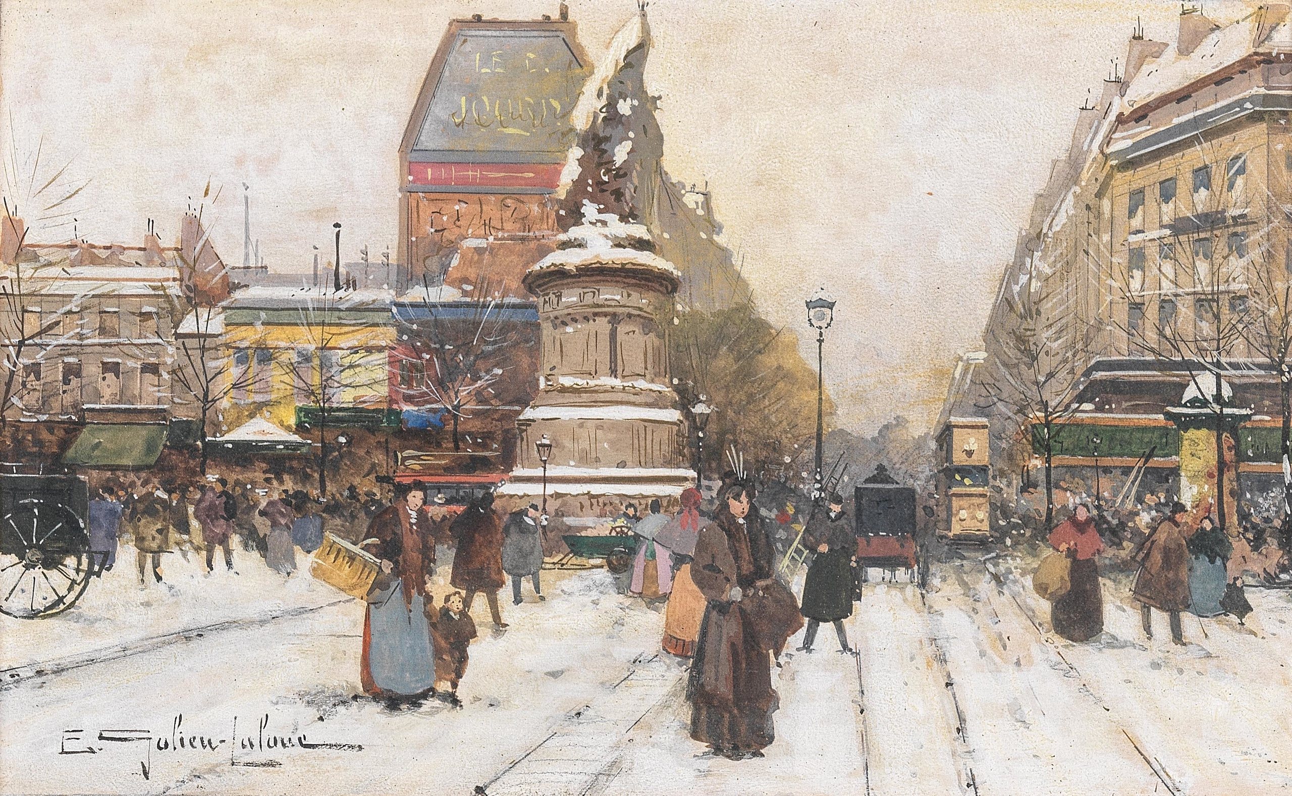 《巴黎雪中的克利希广场》（The Place de Clichy in Snow, Paris）｜欧仁·加利安-拉卢 Eugène Galien-Laloue｜不明