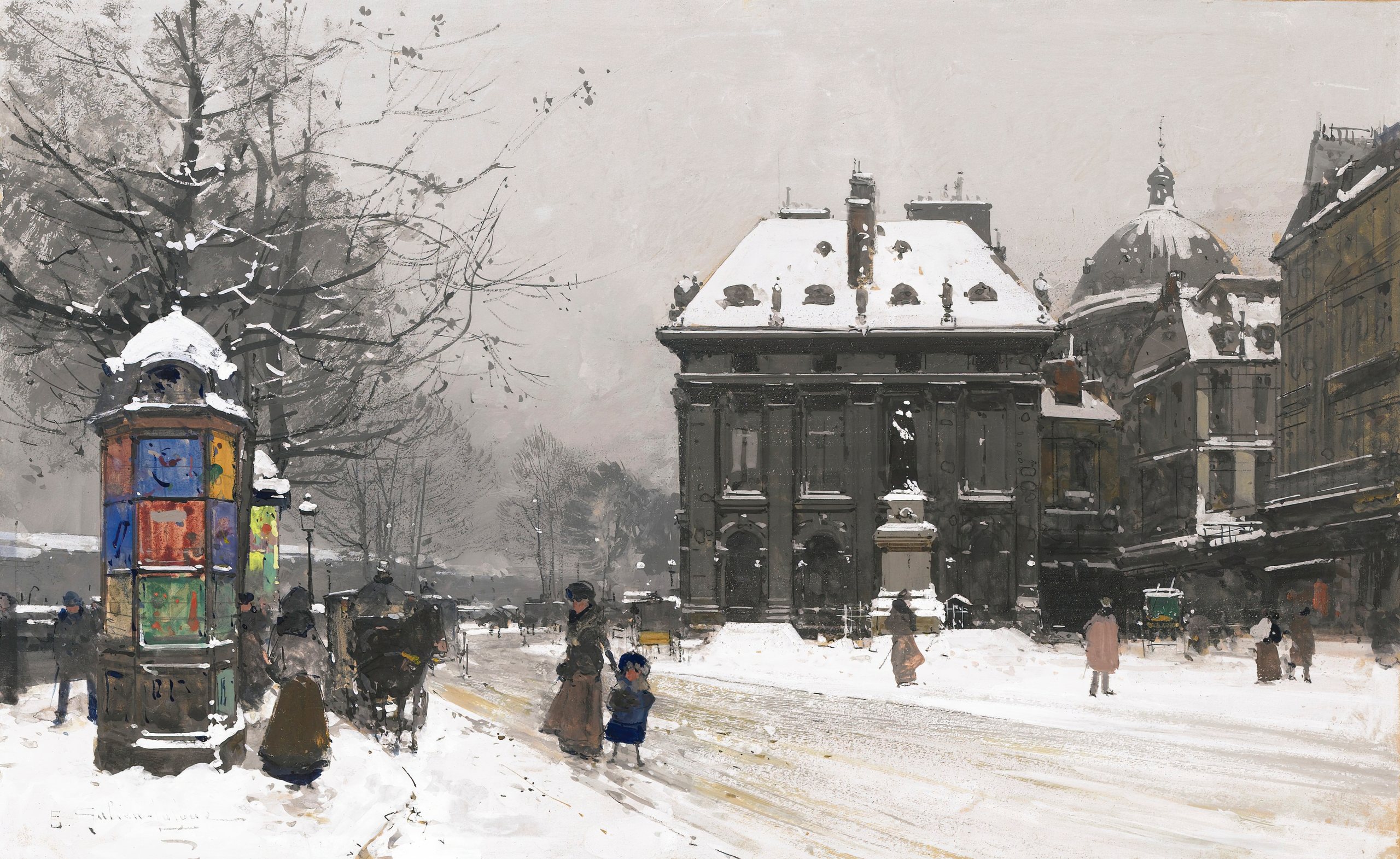 《塞纳河码头（冬季）》（The Quays of the Seine (Winter)）｜欧仁·加利安-拉卢 Eugène Galien-Laloue｜不明