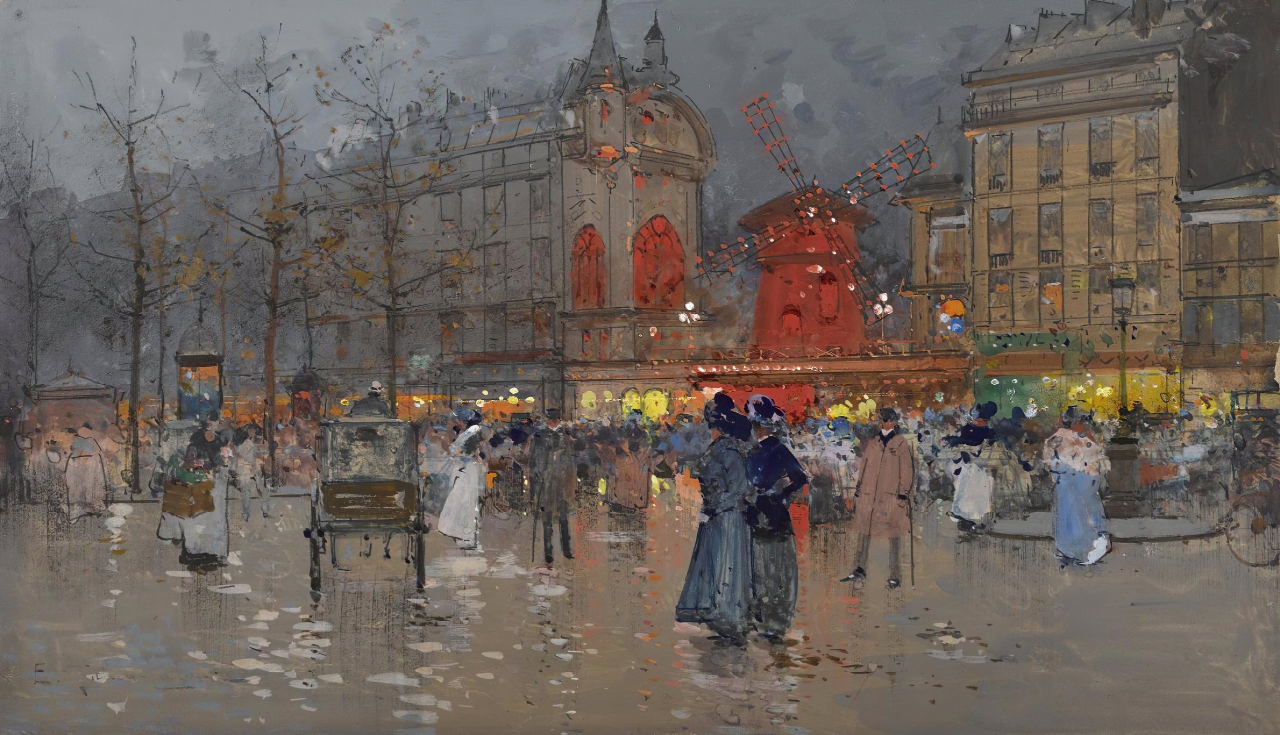 《巴黎红磨坊》（The Moulin Rouge, Paris）｜欧仁·加利安-拉卢 Eugène Galien-Laloue｜不明