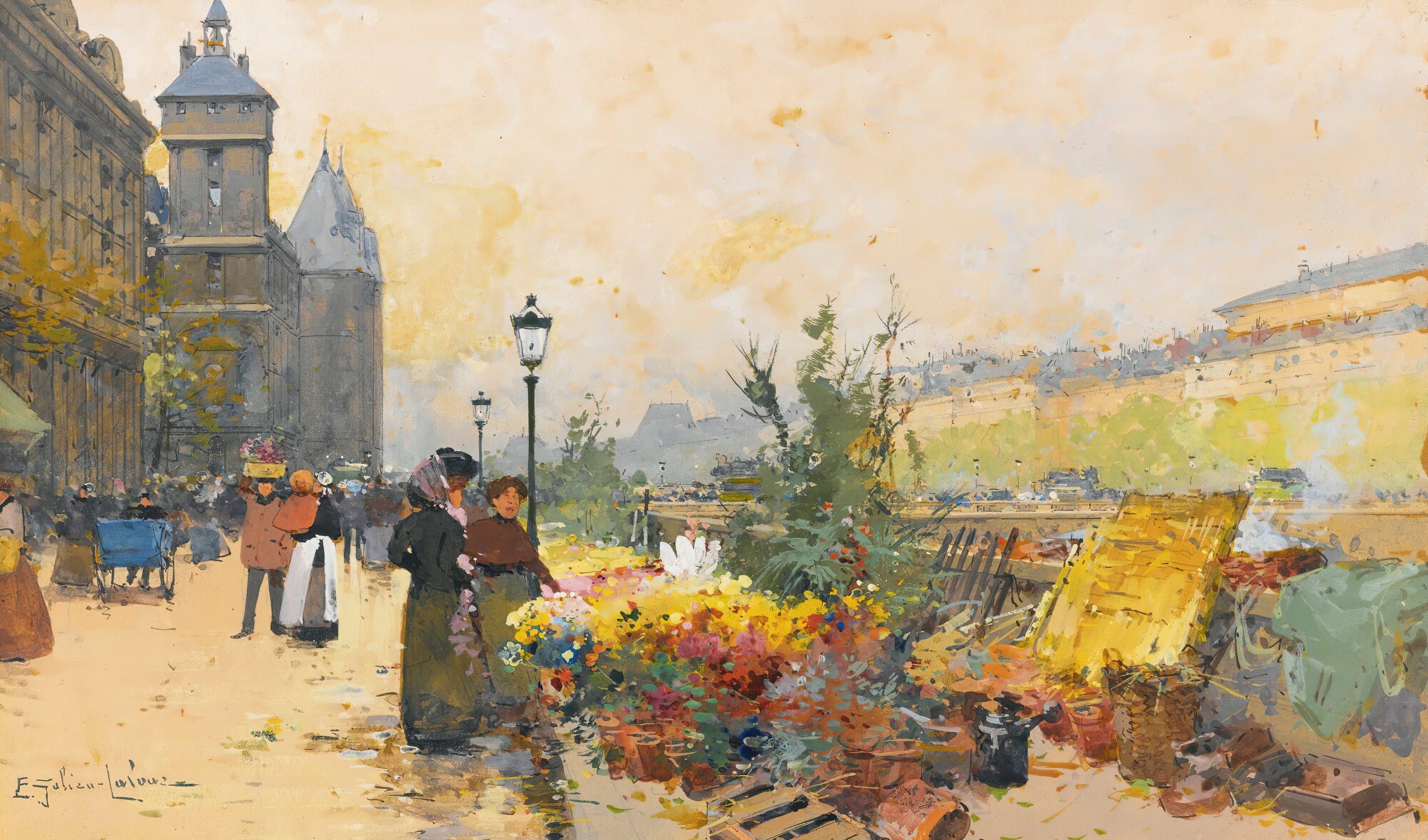 《城市里的花卉市场》（The Flower Market in the City）｜欧仁·加利安-拉卢 Eugène Galien-Laloue｜不明