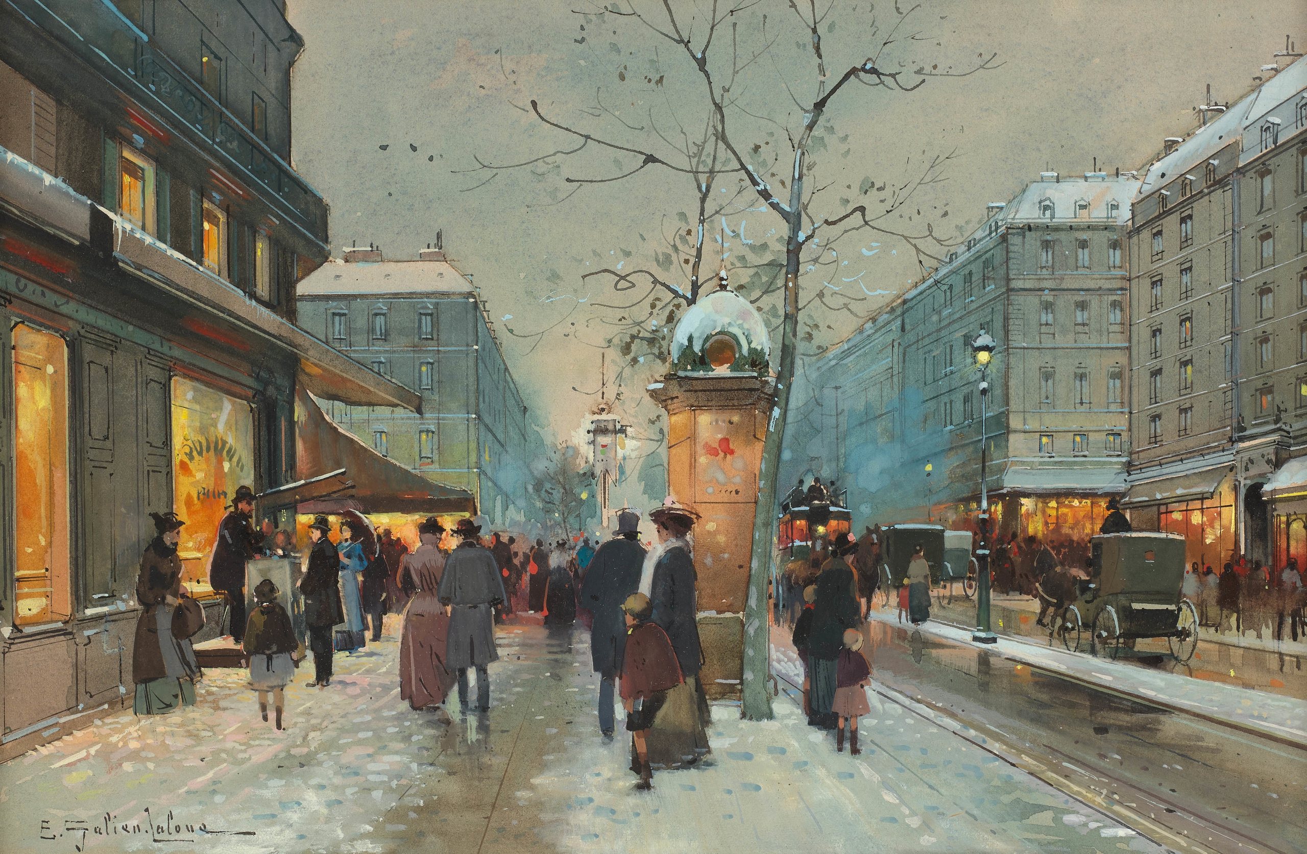 《夜幕降临时雪下的格兰德林荫大道》（Grands Boulevards under the snow at nightfall）｜欧仁·加利安-拉卢 Eugène Galien-Laloue｜不明