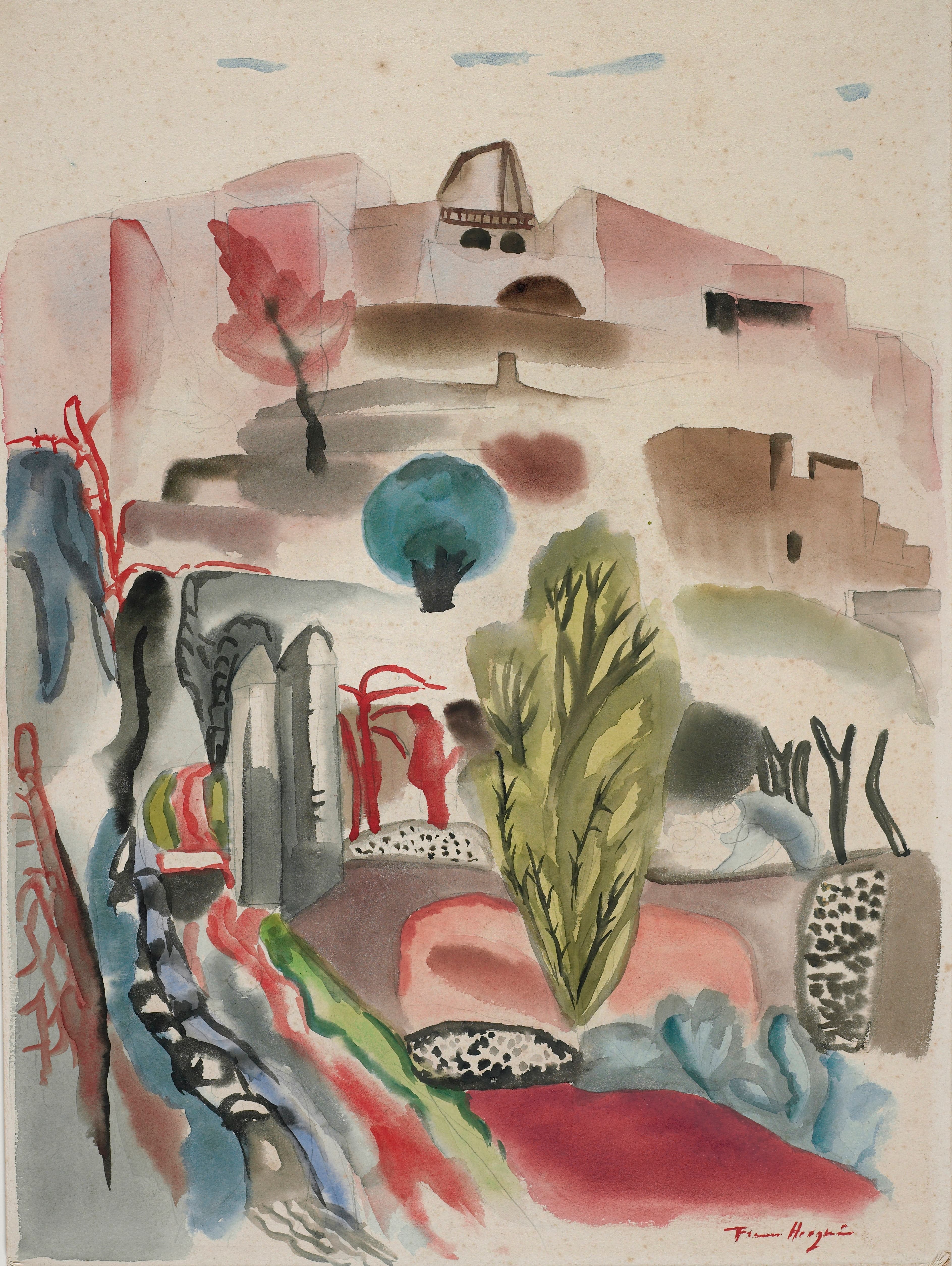《有柏树的山》（Hill with cypresses）｜弗朗西丝·霍奇金斯 Frances Hodgkins｜1930–1931