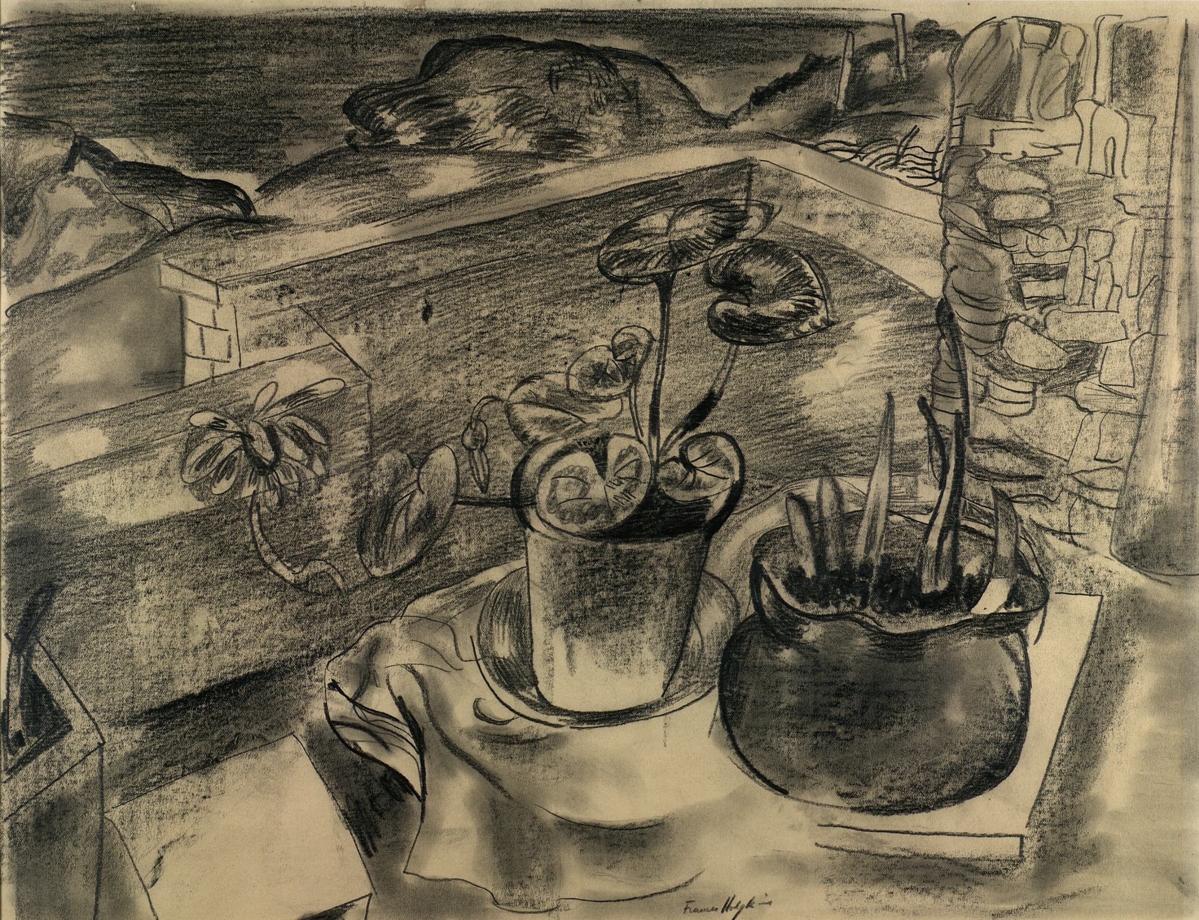 《风景静物，博丁尼克，康沃尔郡》（Still life in landscape, Bodinnick, Cornwall）｜弗朗西丝·霍奇金斯 Frances Hodgkins｜1931–1932