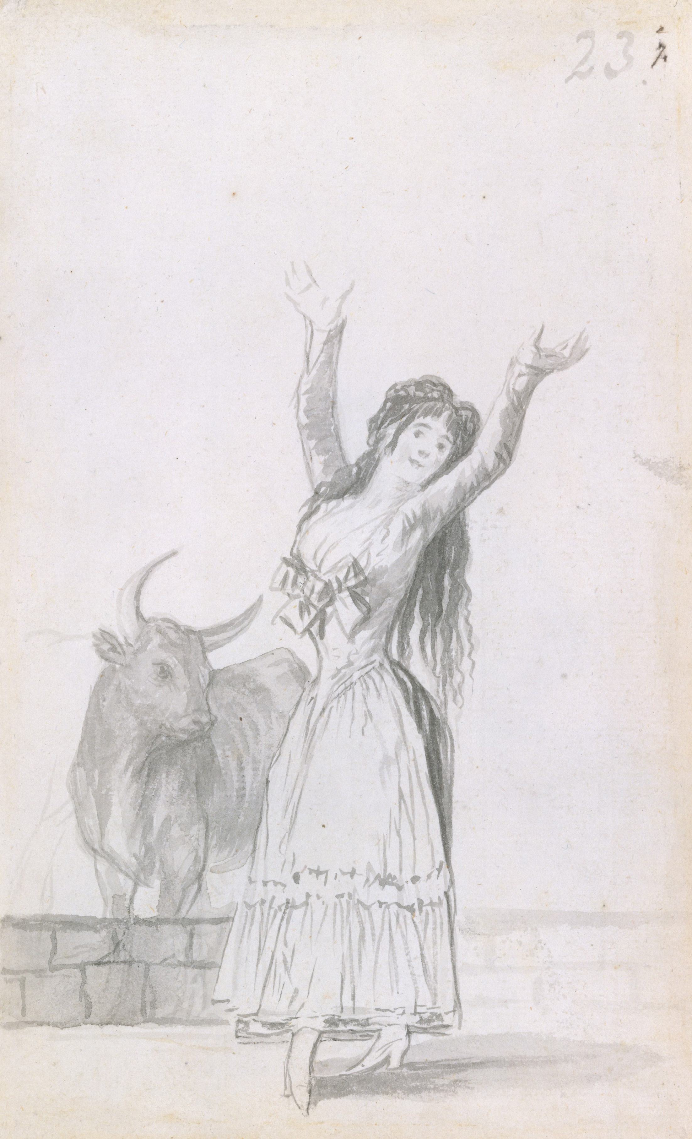 《一位年轻女子举起双臂跳舞，背景是一头公牛》（A young woman dancing, her arms raised, a bull in the background）｜弗朗西斯科·戈雅 Francisco de Goya｜1796–1797