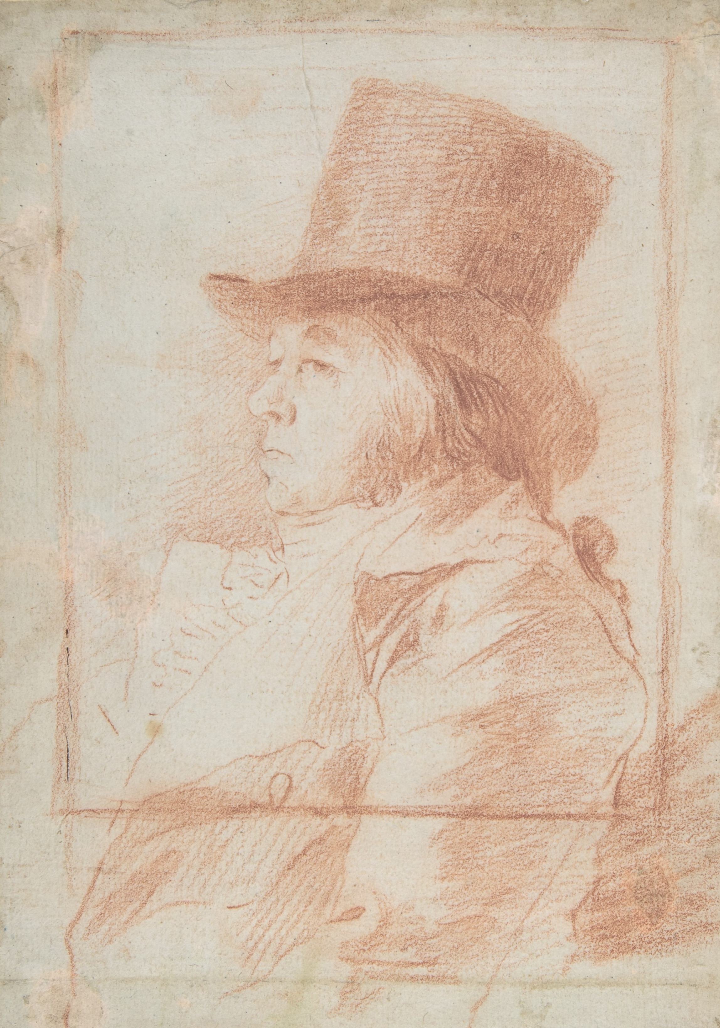《自画像；戈雅在画框内戴着高顶帽子，面向左》（Self-portrait; Goya wearing a top hat facing left within a drawn frame）｜弗朗西斯科·戈雅 Francisco de Goya｜约. 1797–98