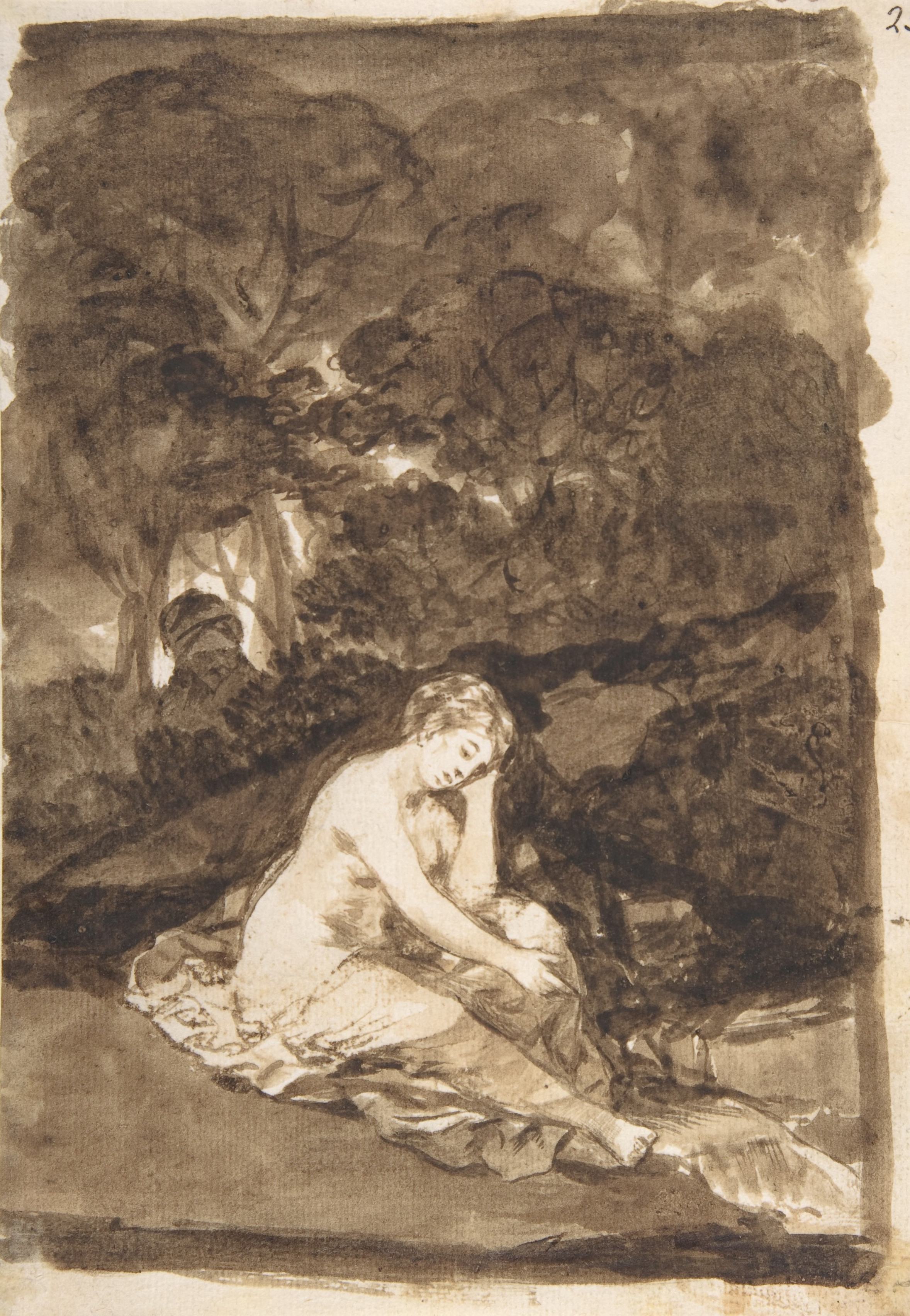 《一个半裸的女人坐在溪边》（A partly naked woman seated by a stream）｜弗朗西斯科·戈雅 Francisco de Goya｜约. 1812–20