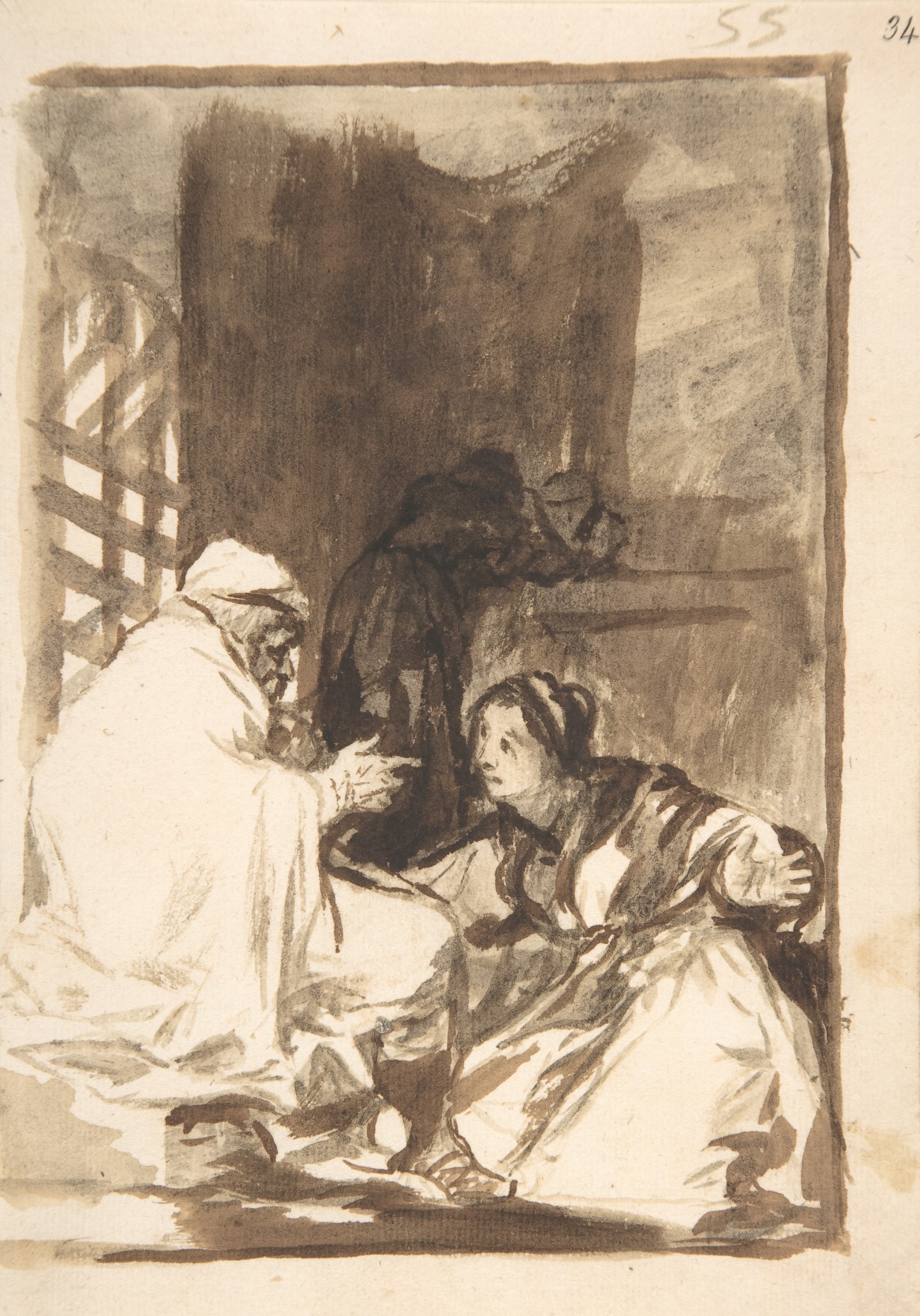 《一位女士张开双臂跪在一位老人面前》（A woman kneeling, her arms wide, before an old man）｜弗朗西斯科·戈雅 Francisco de Goya｜约. 1812–20
