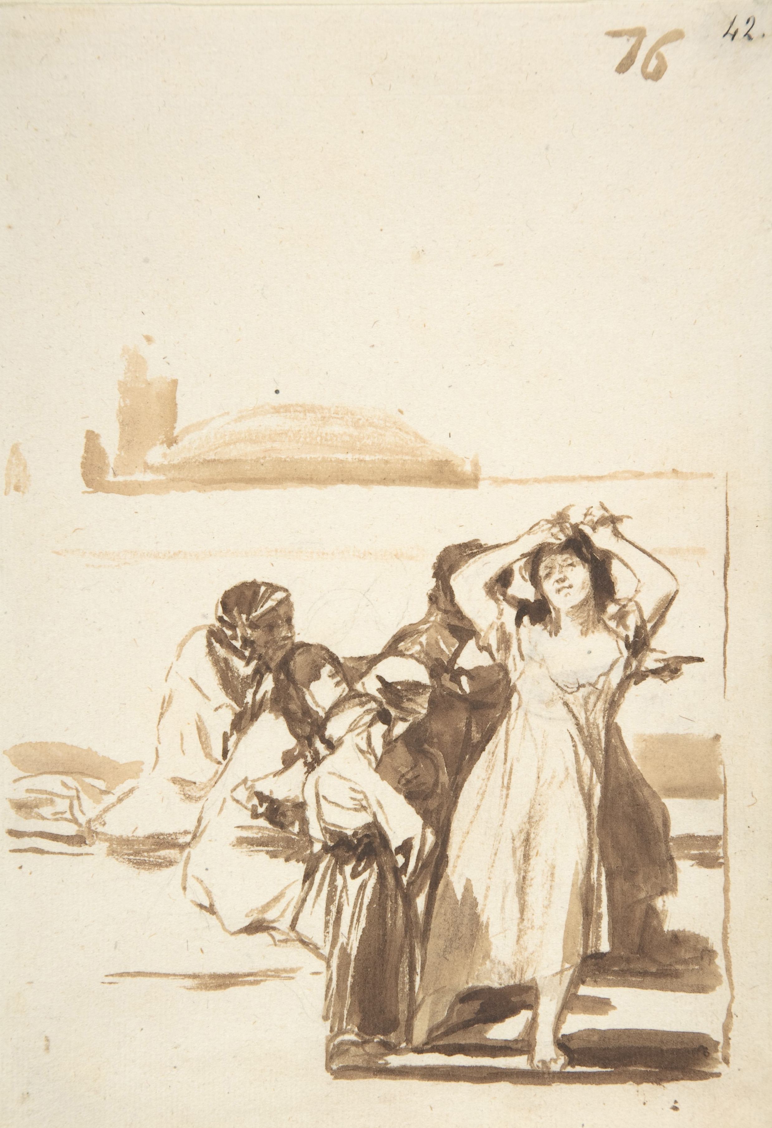 《一名女子揪着自己的头发，一群人注视着她》（A woman pulling at her hair being watched by a group of figures）｜弗朗西斯科·戈雅 Francisco de Goya｜约. 1812–20