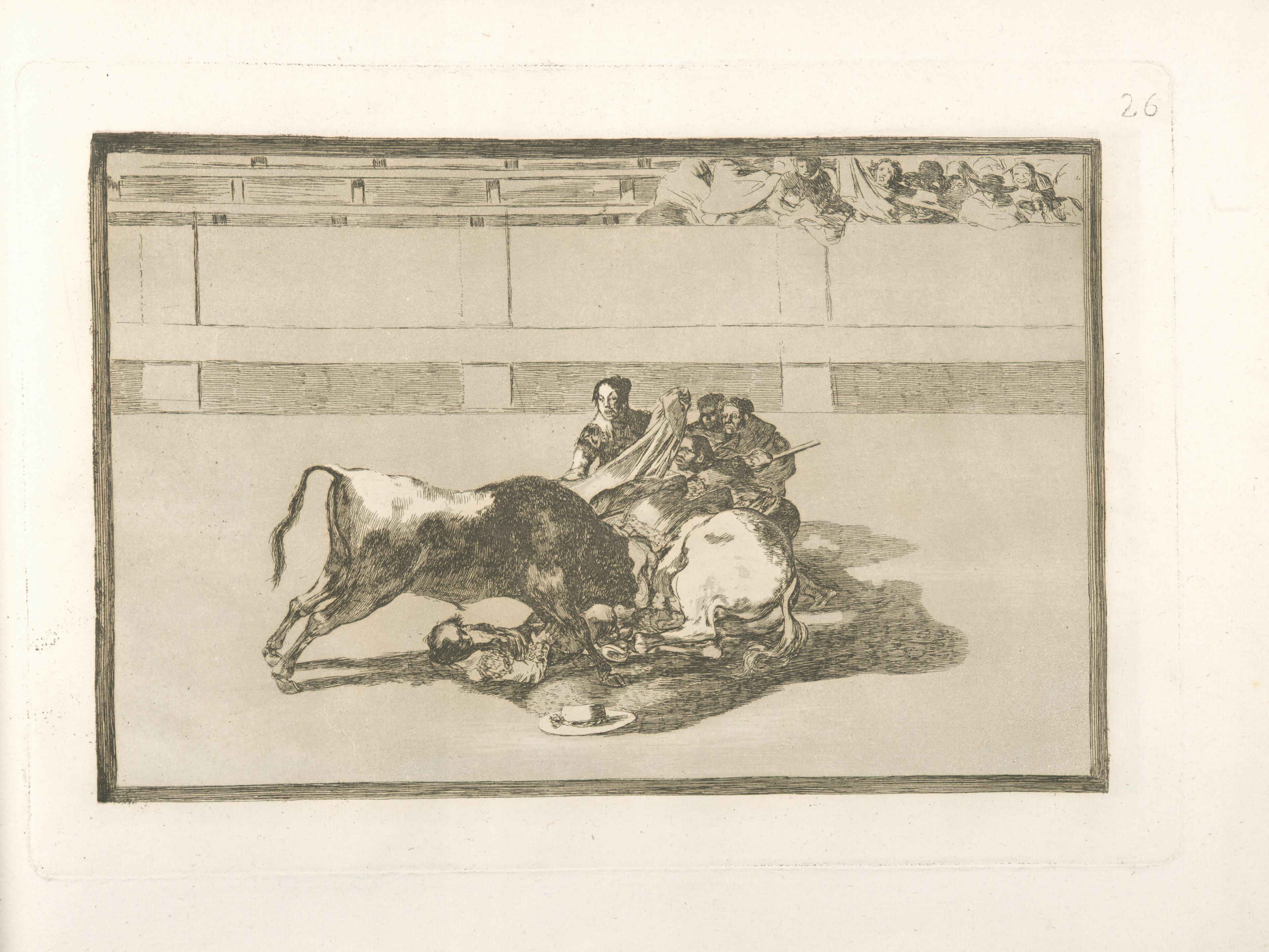 《一名斗牛士从马背上跌落到公牛身下》（A picador falls from his horse under the bull）｜弗朗西斯科·戈雅 Francisco de Goya｜1816
