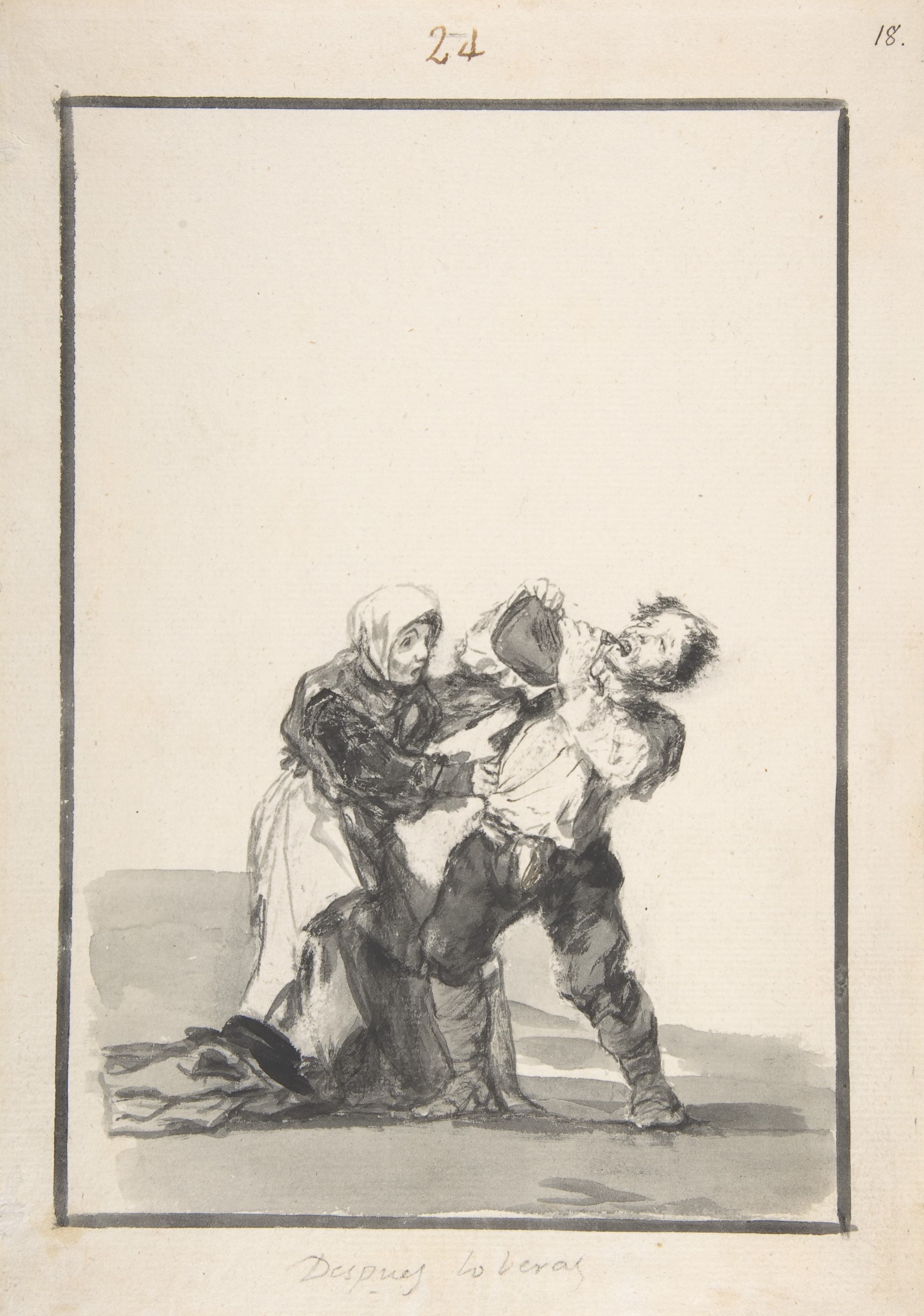 《“你稍后会看到”；一个男人喝酒，一个女人试图阻止他》（’You’ll See Later’; a man drinking, a woman trying to stop him）｜弗朗西斯科·戈雅 Francisco de Goya｜约1816–1820