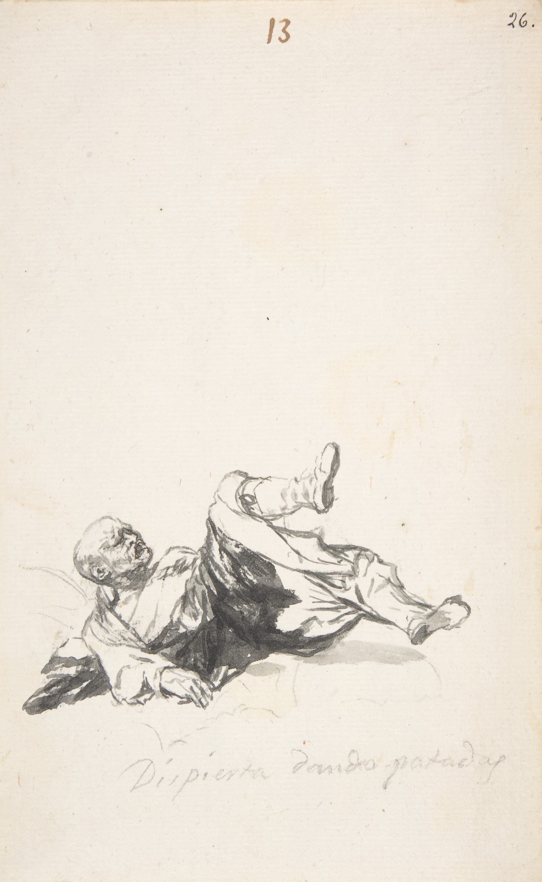 《“他醒来时踢腿”；一个男人从噩梦中醒来后在地板上踢着腿》（’He Wakes Up Kicking’; a man on the floor kicking his legs after waking from a nightmare）｜弗朗西斯科·戈雅 Francisco de Goya｜约1819–1823