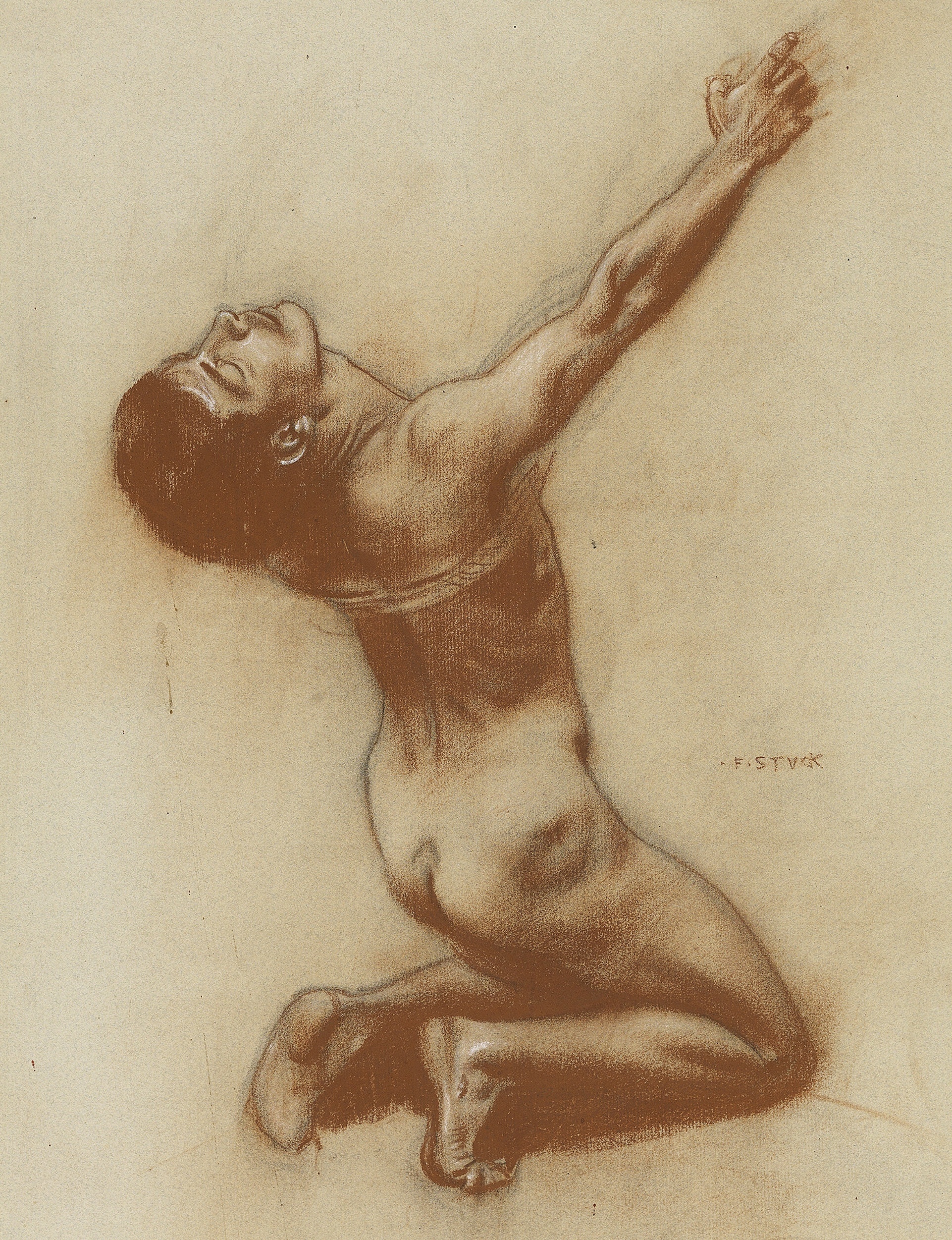 《《狮身人面像之吻》中跪着的男性裸体》（Kneeling male nude for ‘Kiss of the Sphinx'）｜弗朗茨·冯·施图克｜早于 1895