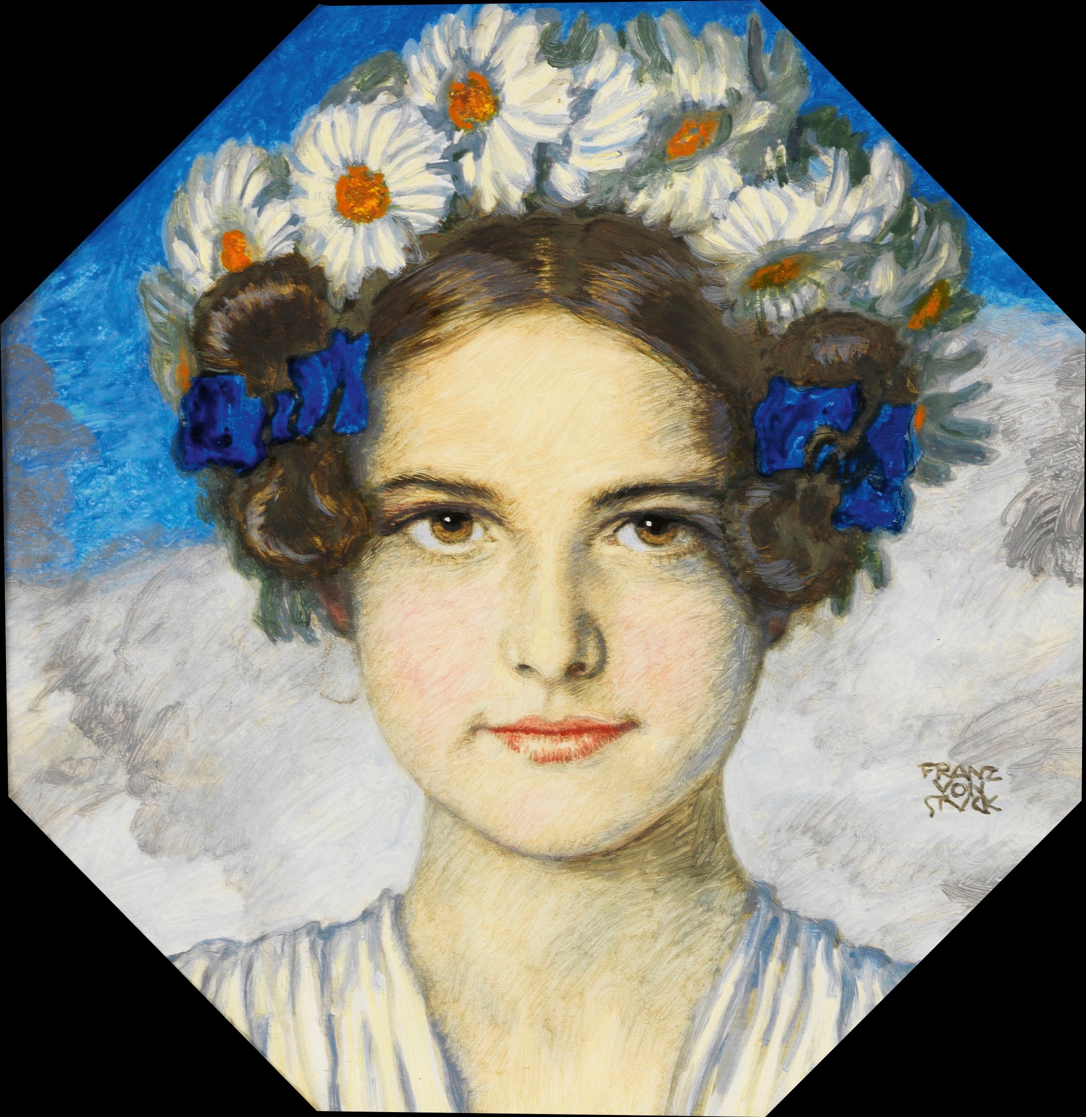 《女儿玛丽戴着雏菊花环的肖像》（Portrait of the daughter Mary Stuck with a daisy wreath）｜弗朗茨·冯·施图克｜1910