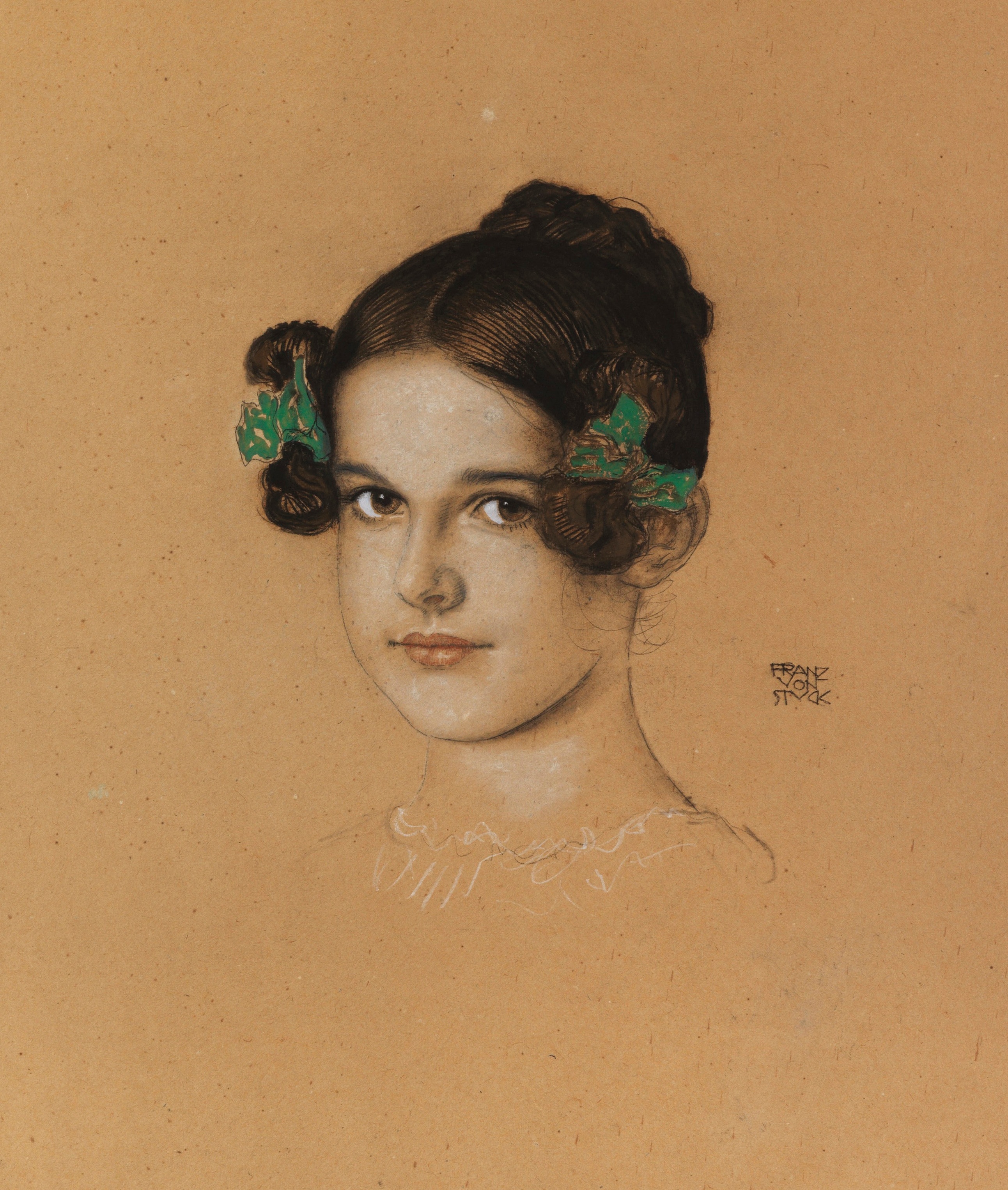 《带着绿丝带的女儿玛丽的肖像》（Portrait of daughter Mary with green ribbons）｜弗朗茨·冯·施图克｜约. 1913