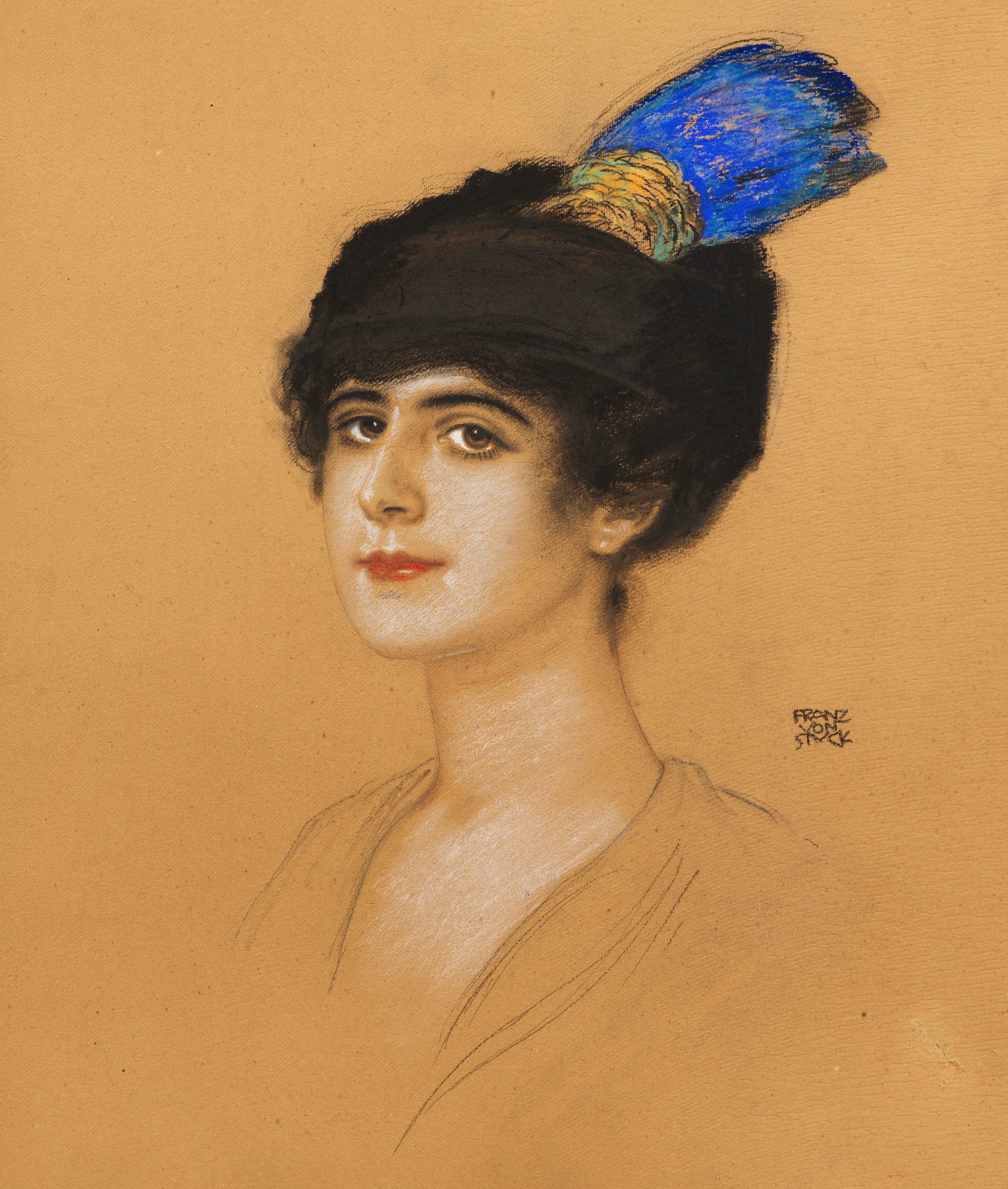 《一位戴着羽毛头饰的女士的肖像》（Portrait of a lady with feather headdress）｜弗朗茨·冯·施图克｜1915