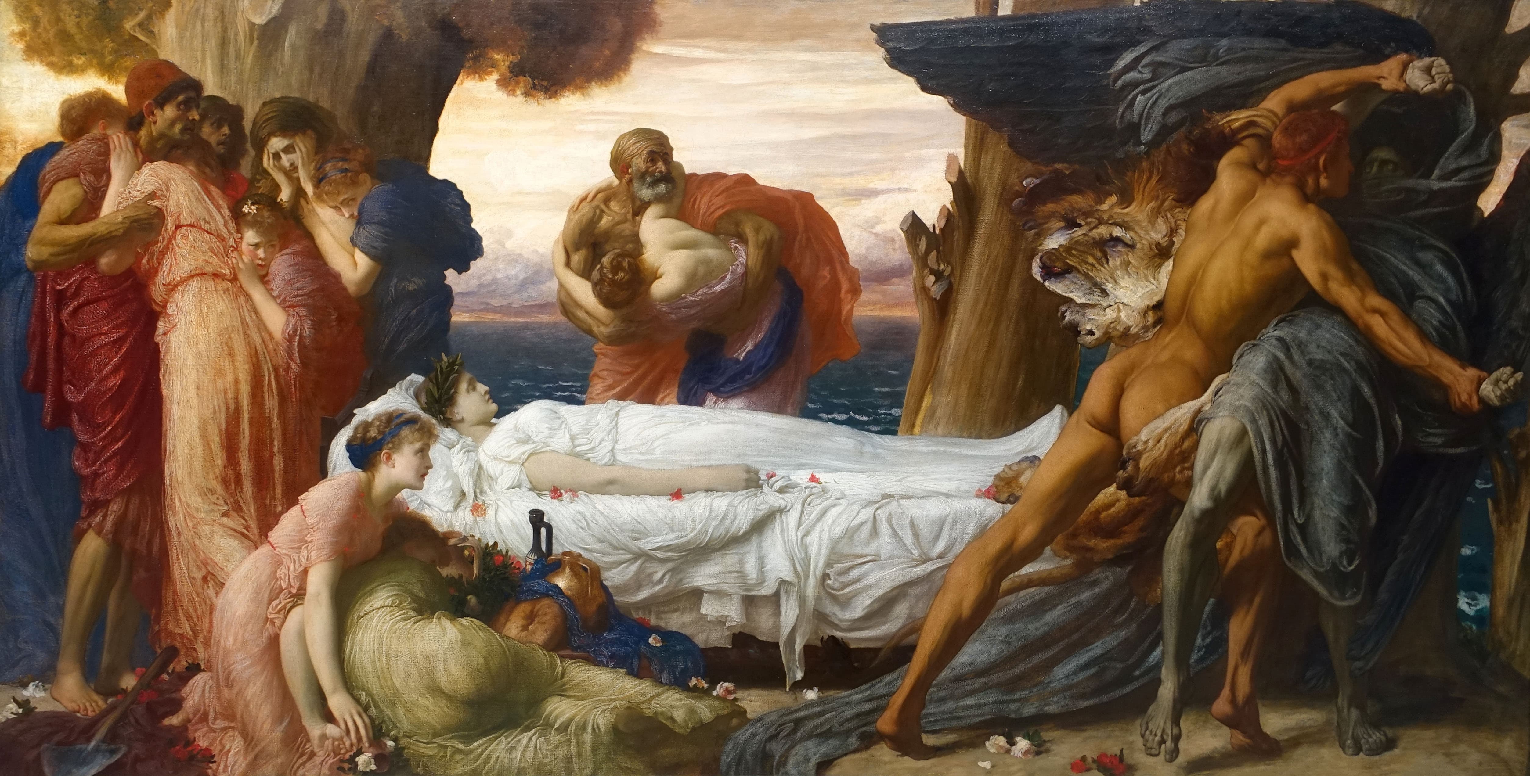 《赫拉克勒斯为了阿尔刻提斯的尸体而与死亡搏斗》（Hercules Wrestling With Death For The Body Of Alcestis）｜弗雷德里克·莱顿 Frederic Leighton｜约1869–1871