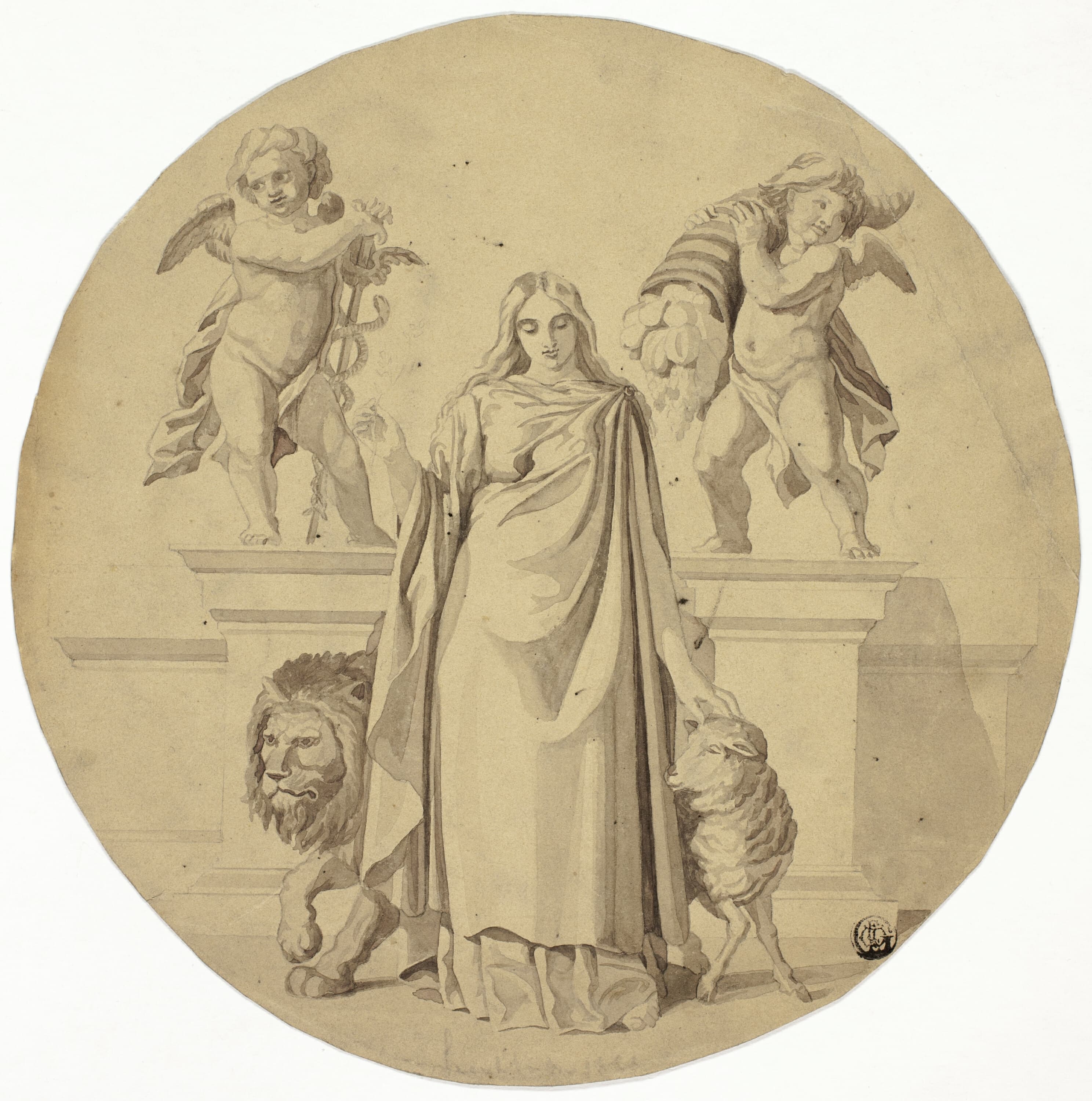 《寓言女性形象与狮子、羔羊、两个普蒂》（Allegorical Female Figure with Lion, Lamb, Two Putti）｜弗雷德里克·莱顿 Frederic Leighton｜不明