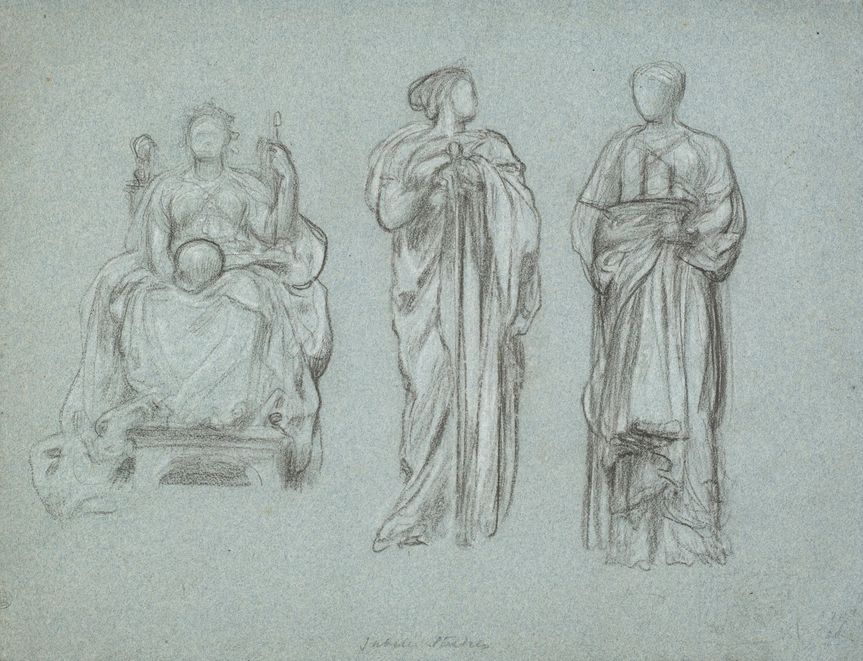 《三幅披着斗篷的女性人物研究，其中一幅是坐着的》（Three studies of draped female figures, one seated）｜弗雷德里克·莱顿 Frederic Leighton｜不明