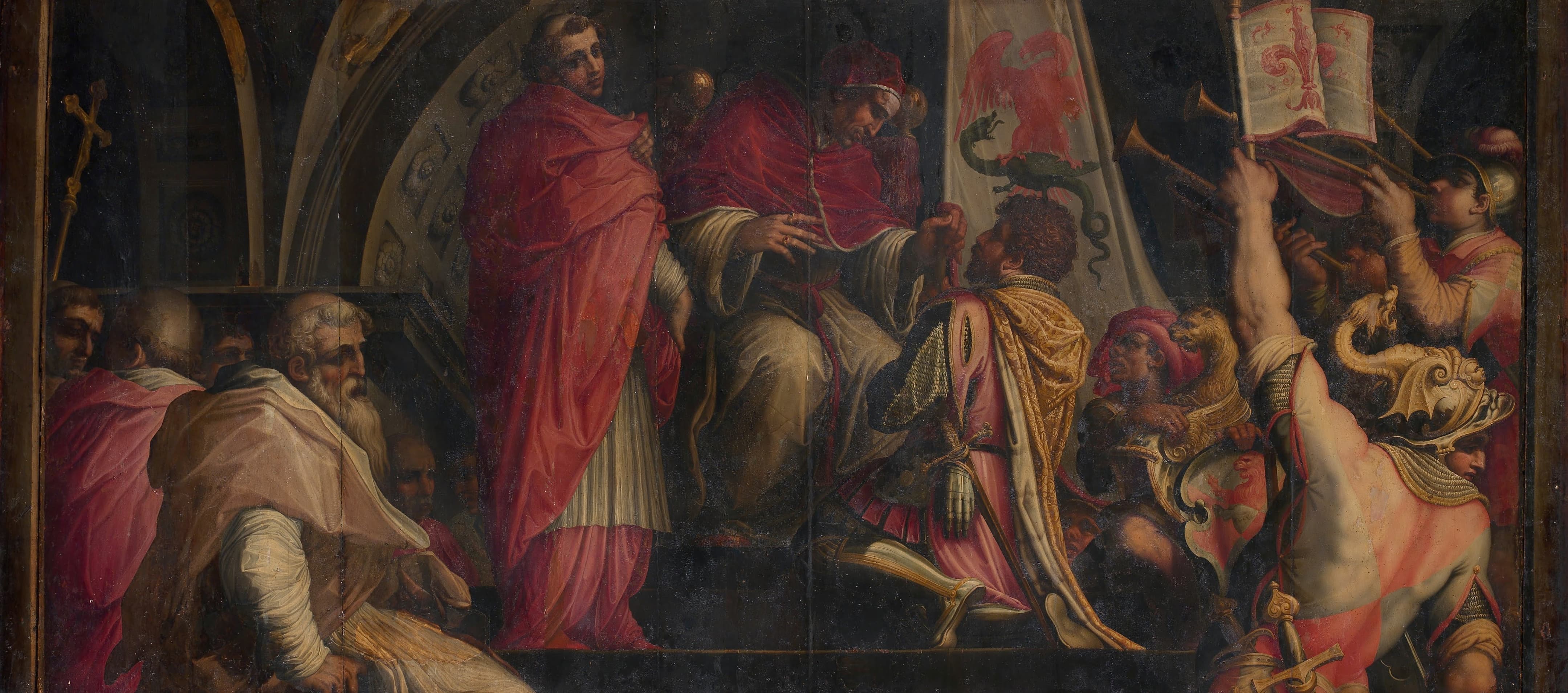 《教皇克莱孟四世向归尔甫党将领授予徽章》（Pope Clement IV Hands His Insignia to the Captains of the Guelph Party）｜乔尔乔·瓦萨里 Giorgio Vasari｜1563–1565