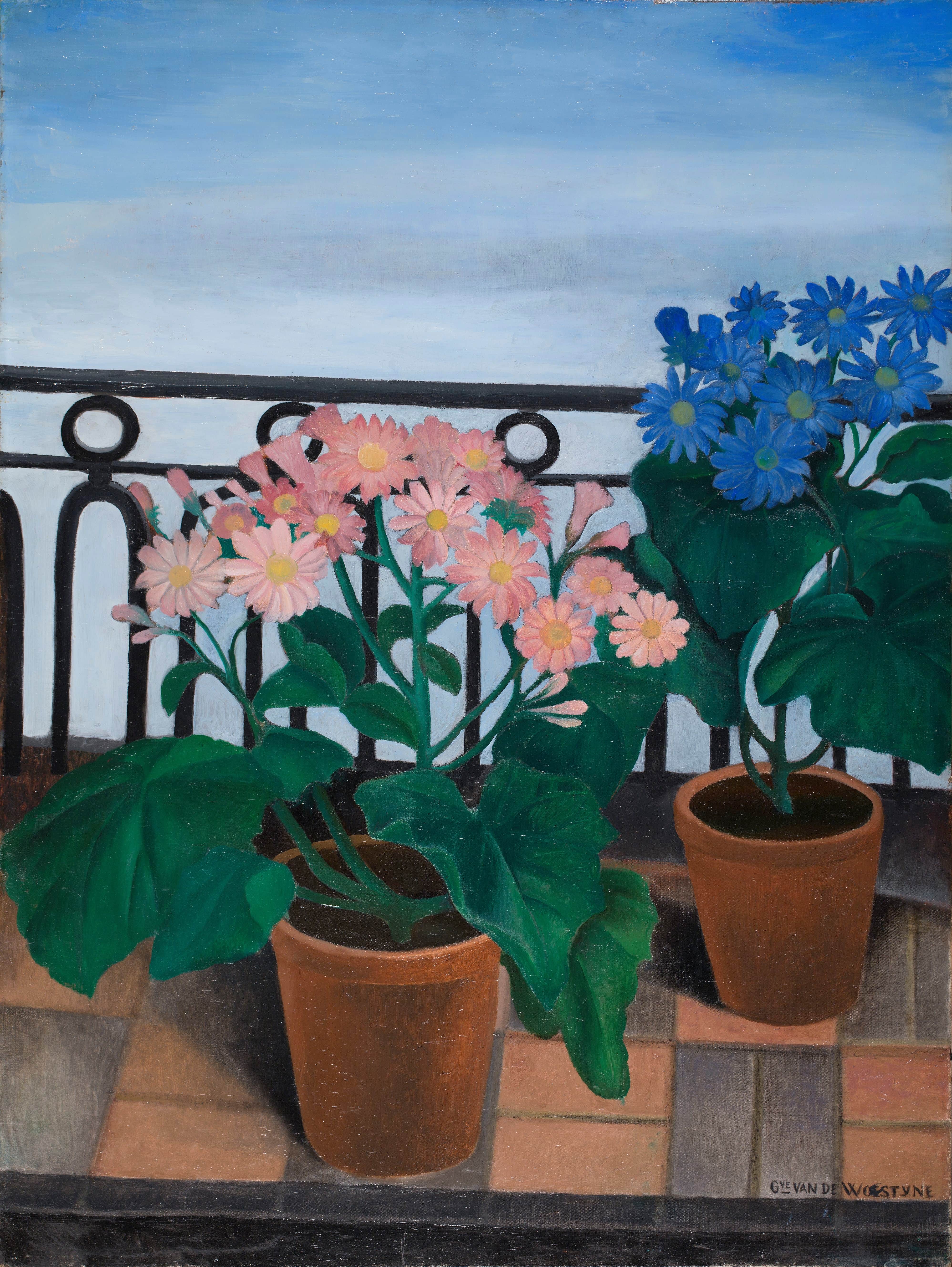 《阳台上有鲜花（瓜叶菊）》（Balcony with Flowers (Cinerarias)）｜古斯塔夫·范·德·沃斯泰恩 Gustave van de Woestijne｜1929
