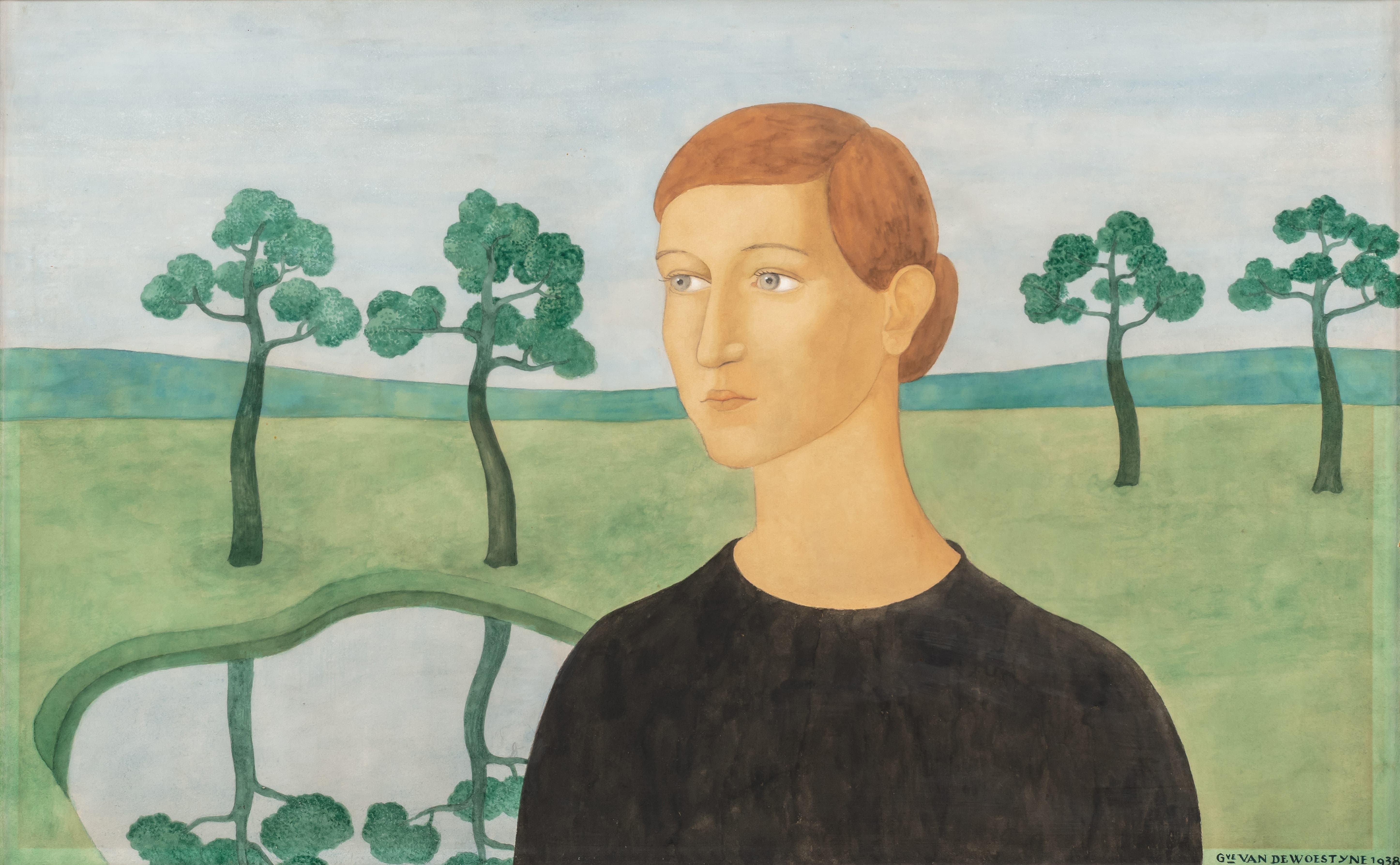《风景中一位年轻女子的肖像》（Portrait of a young woman in a landscape）｜古斯塔夫·范·德·沃斯泰恩 Gustave van de Woestijne｜1938