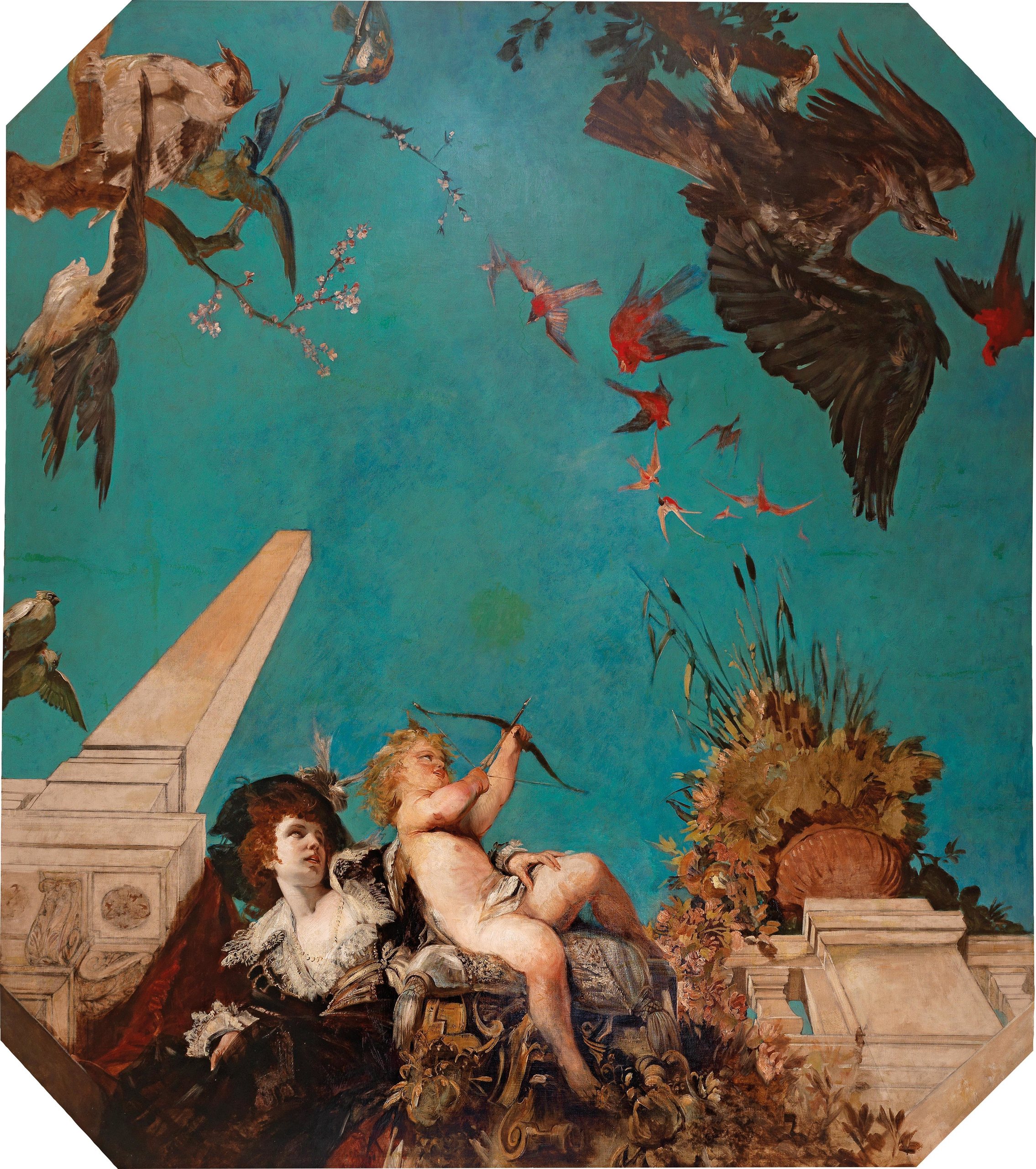 《天花板画，花园景观中的社交女士与丘比特》（A Ceiling Painting, Society Lady With Cupid In A Garden Landscape）｜汉斯·马卡特 Hans Makart｜约 1877