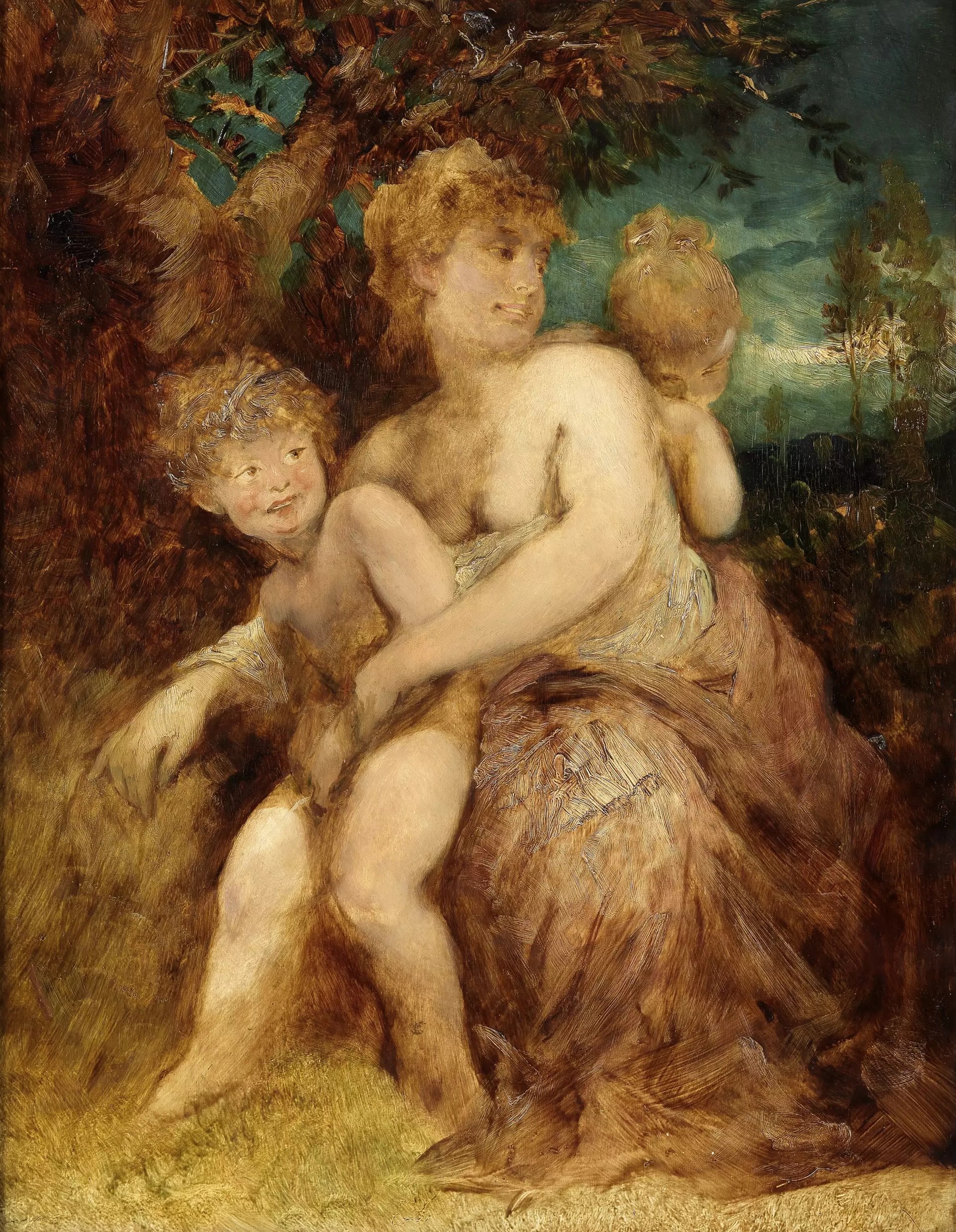 《有两个孩子的宁芙》（Nymph with two children）｜汉斯·马卡特 Hans Makart｜1882