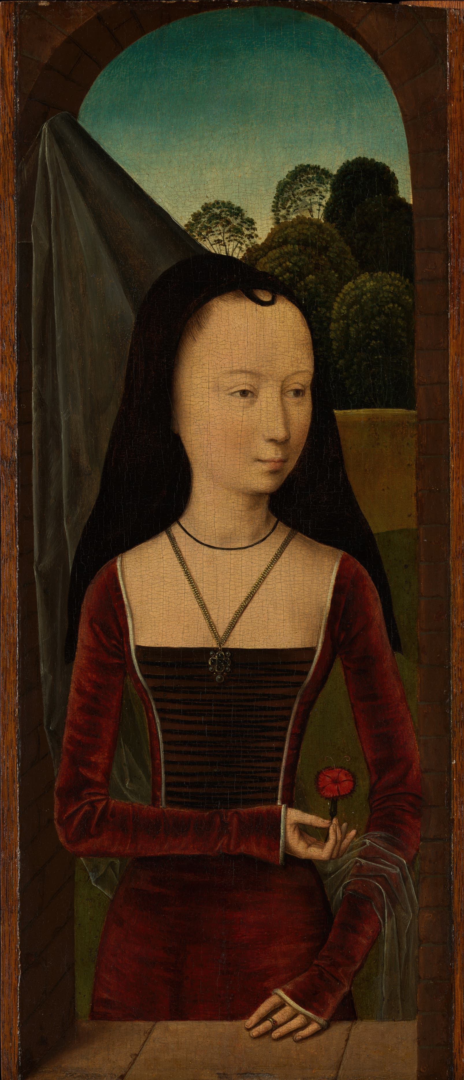 《手持石竹的年轻女子》（Young Woman with a Pink）｜汉斯·梅姆林 Hans Memling｜约1485–1490